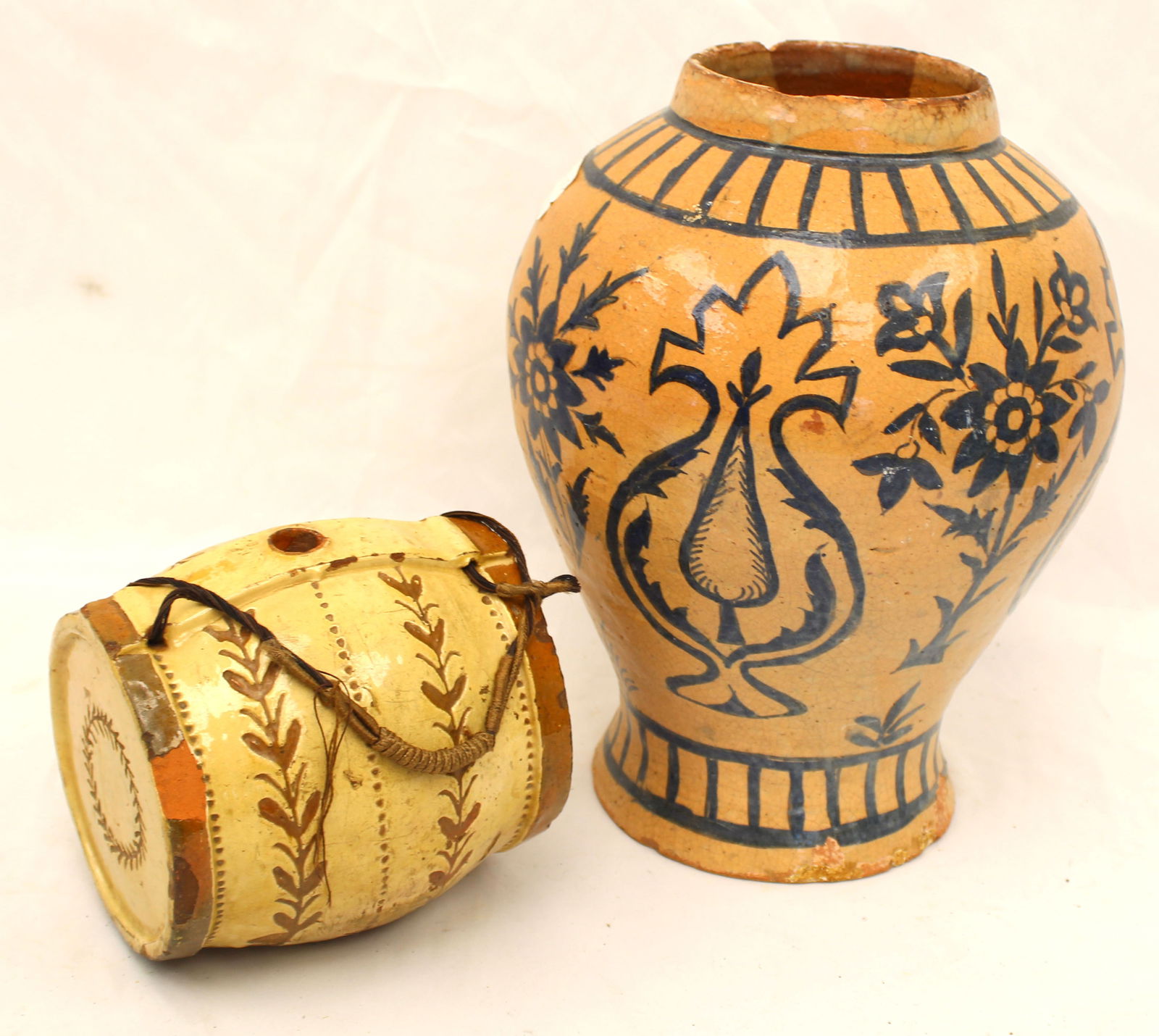 Lot of 2 pieces of earthenware incl decorated vase/urn & canteen - 6 1/4" & 12" tall (1 of 8)