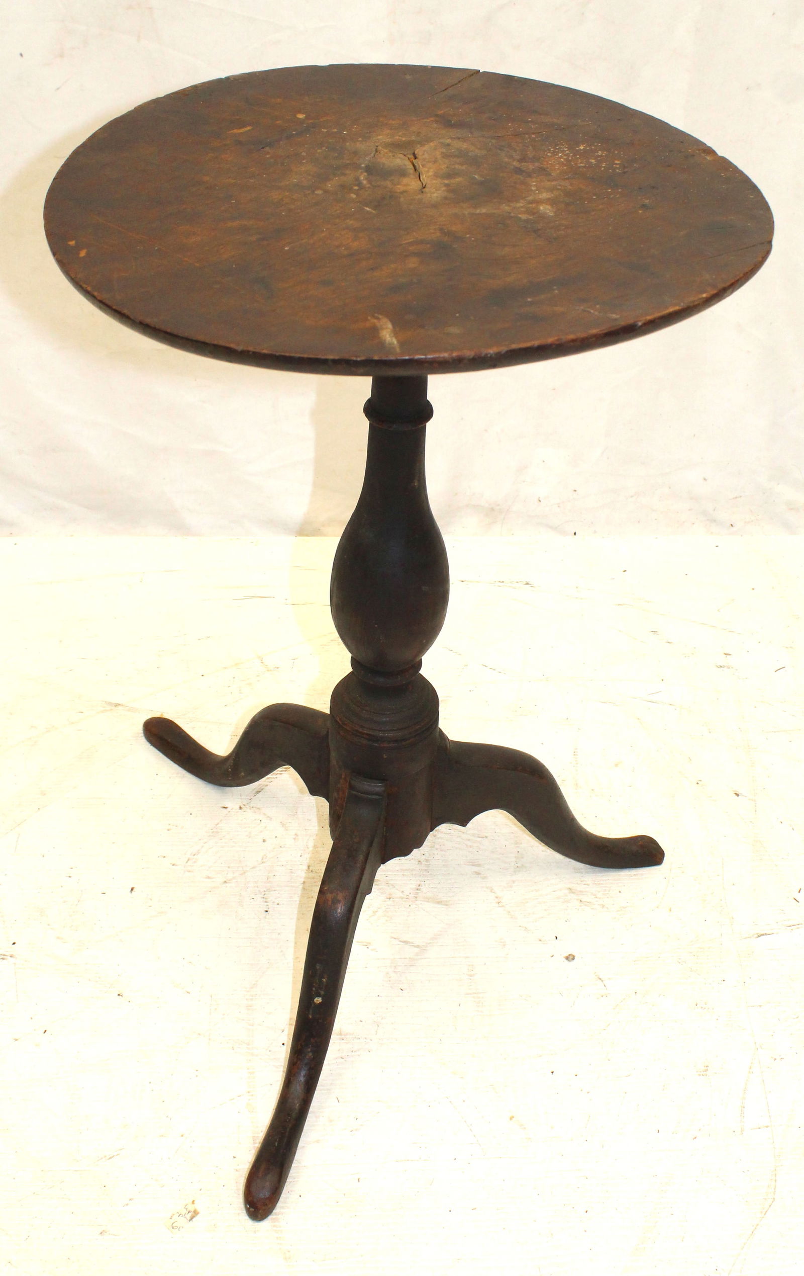 18thC maple round top candlestand in old surface - as found - 24" tall x 16" diam top (1 of 5)