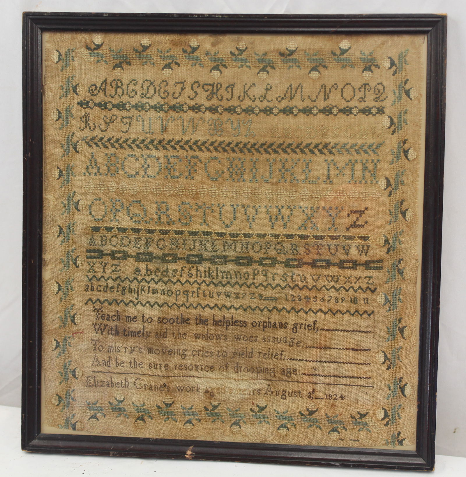Early 19thC alphabet & verse sampler "Elizabeth Crane's work Aged 8 yrs August 3d 1824" - overall (1 of 4)