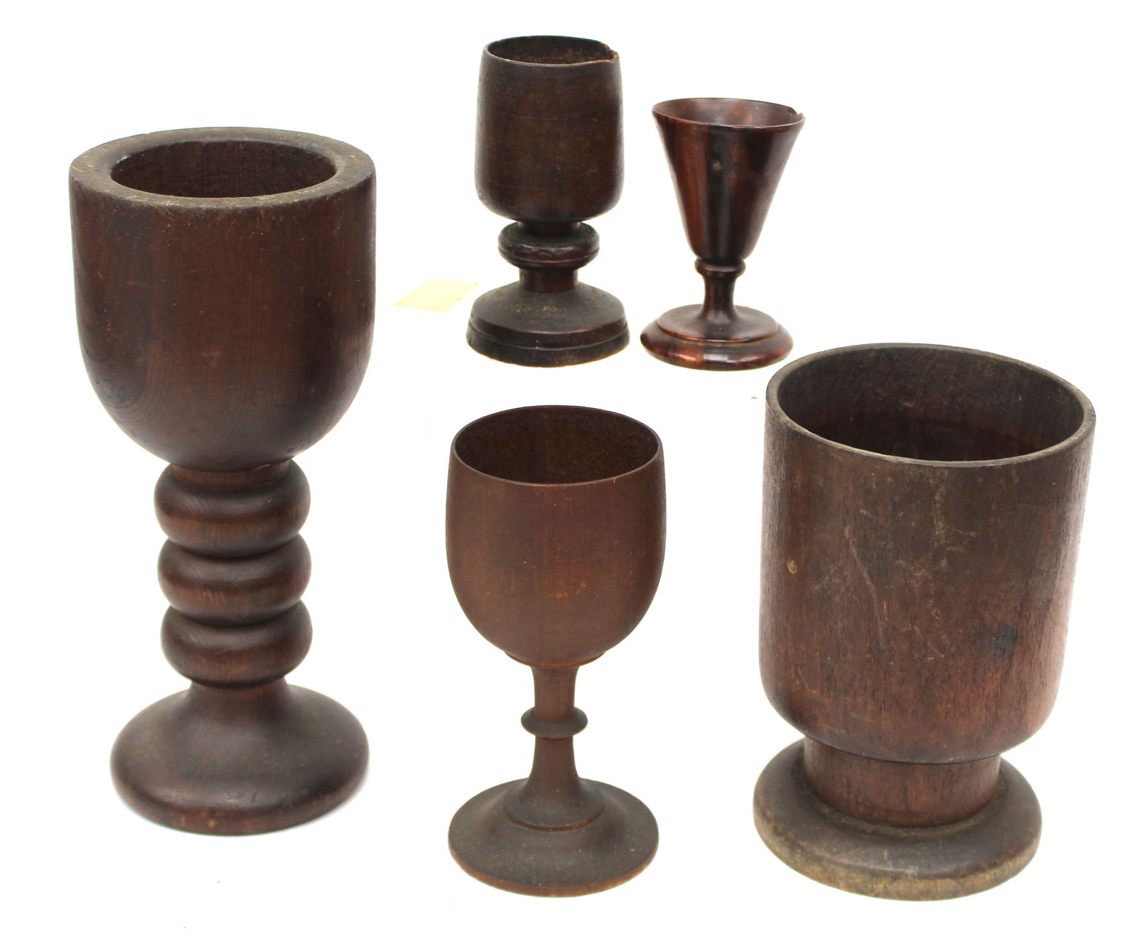 Lot of 5 antique wooden cups, chalices in various forms & sizes - 3" - 8" tall: Lot of 5 antique wooden cups, chalices in various forms & sizes - 3" - 8" tall