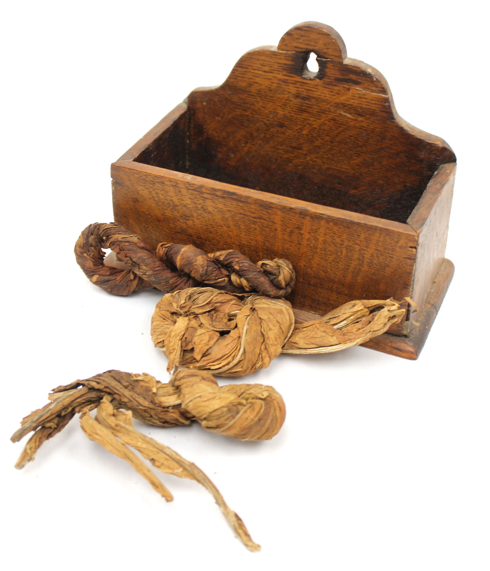 Antique wall box w shaped crest & early tobacco twists - 6" tall x 8 1/2" wide x 4 1/4" deep: Antique wall box w shaped crest & early tobacco twists - 6" tall x 8 1/2" wide x 4 1/4" deep