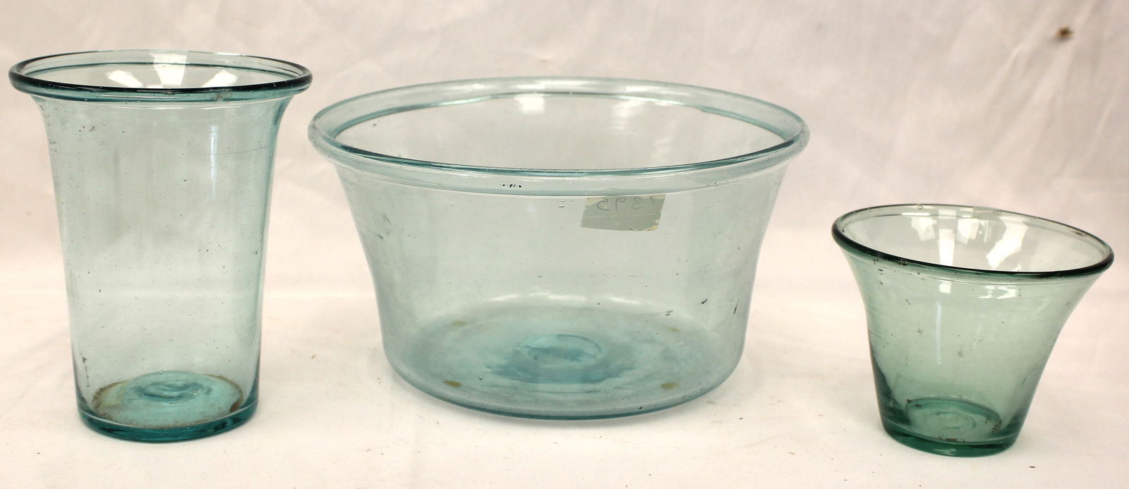 Lot of 3 early aqua glass bowls - 5" tall x 8 3/4" diam, 6" tall x 4 3/4" diam & 3 1/2" tall x 4 (1 of 10)