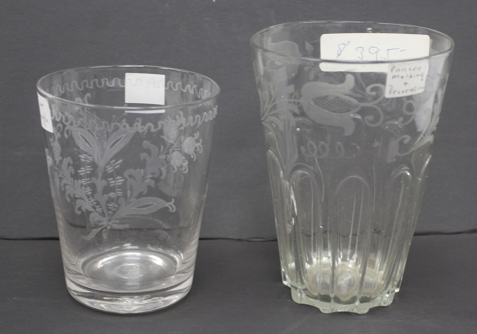Lot of 2 early etched flip glasses - 5" tall x 4" diam & 6 1/4" tall x 4 3/4" diam (1 of 8)