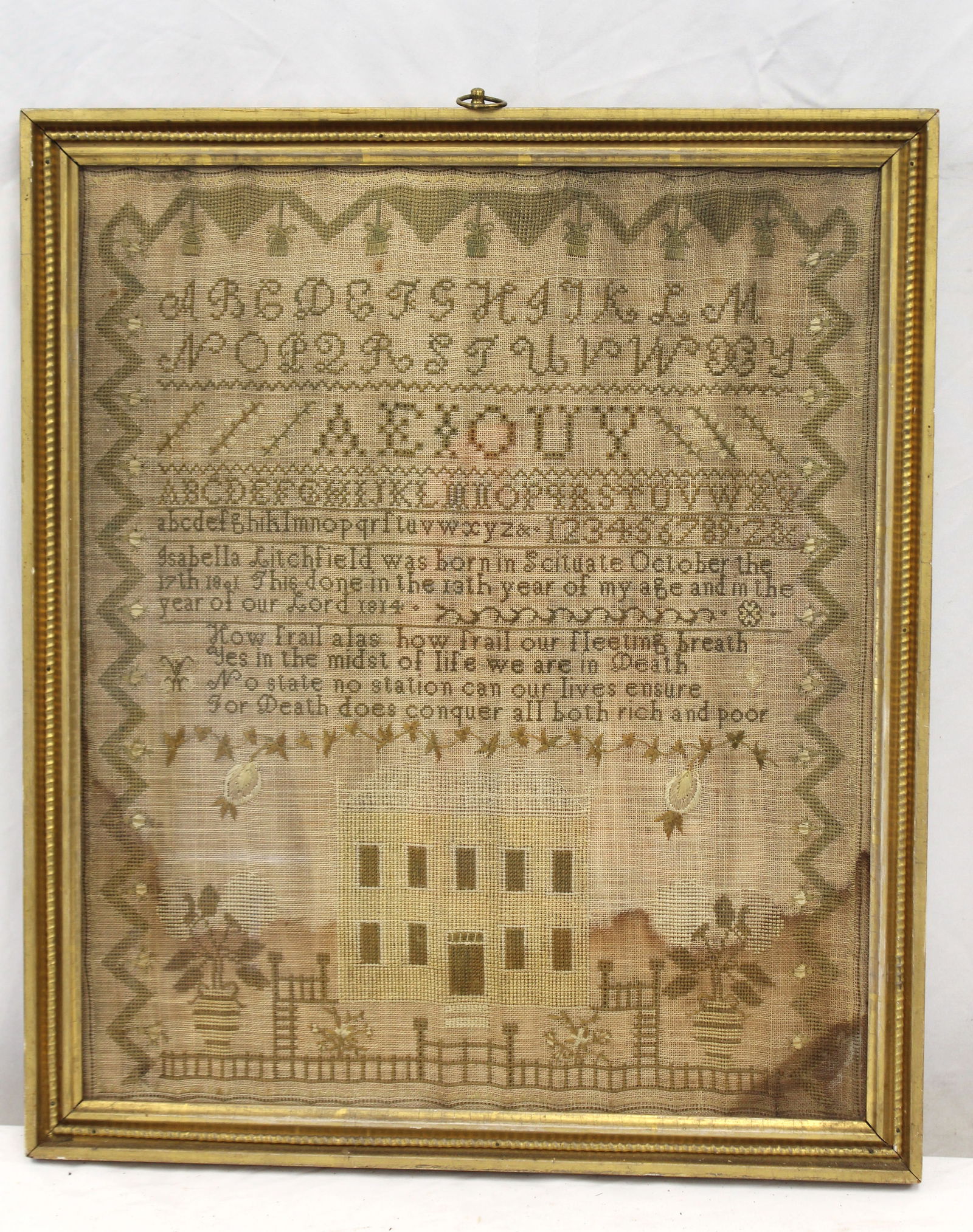 Early 19thC alphabet, verse & pictoral sampler from Scituate, MA by "Isabella Litchfield born: Early 19thC alphabet, verse & pictoral sampler from Scituate, MA by "Isabella Litchfield born October 17, 1801 done in her 13th year of my age of the Lord 1814" - overall framed size 20 1/2"x17 3/4"