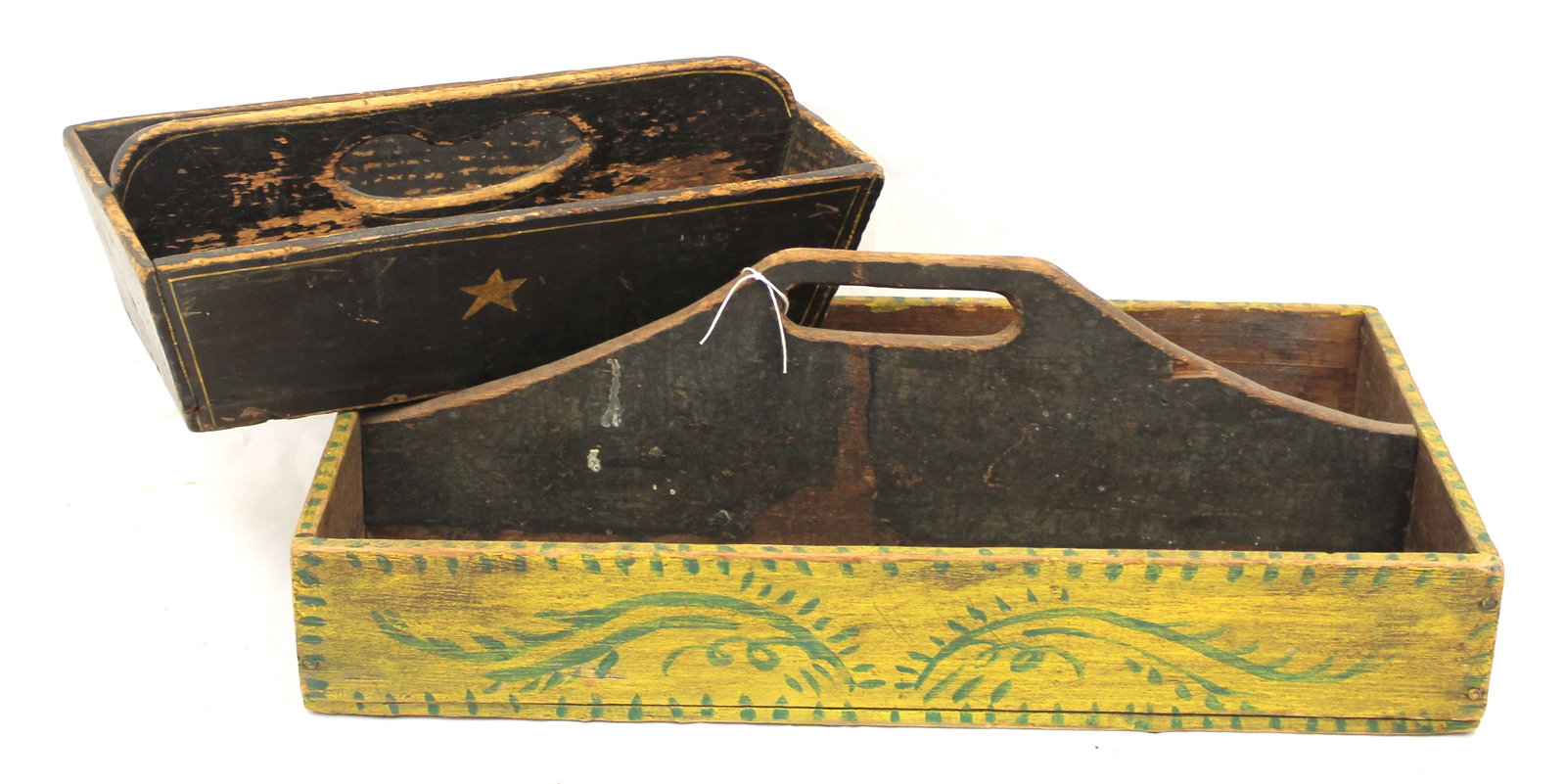 Lot of 2 antique paint decorated utility carriers - 4 3/4" tall x 14 1/4" wide x 8" deep & 6 1/4": Lot of 2 antique paint decorated utility carriers - 4 3/4" tall x 14 1/4" wide x 8" deep & 6 1/4" tall x 22" wide x 10 1/2" deep
