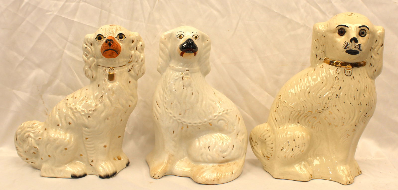 Lot of 3 antique Staffordshire Spaniels - 12" - 13 1/2" tall: Lot of 3 antique Staffordshire Spaniels - 12" - 13 1/2" tall