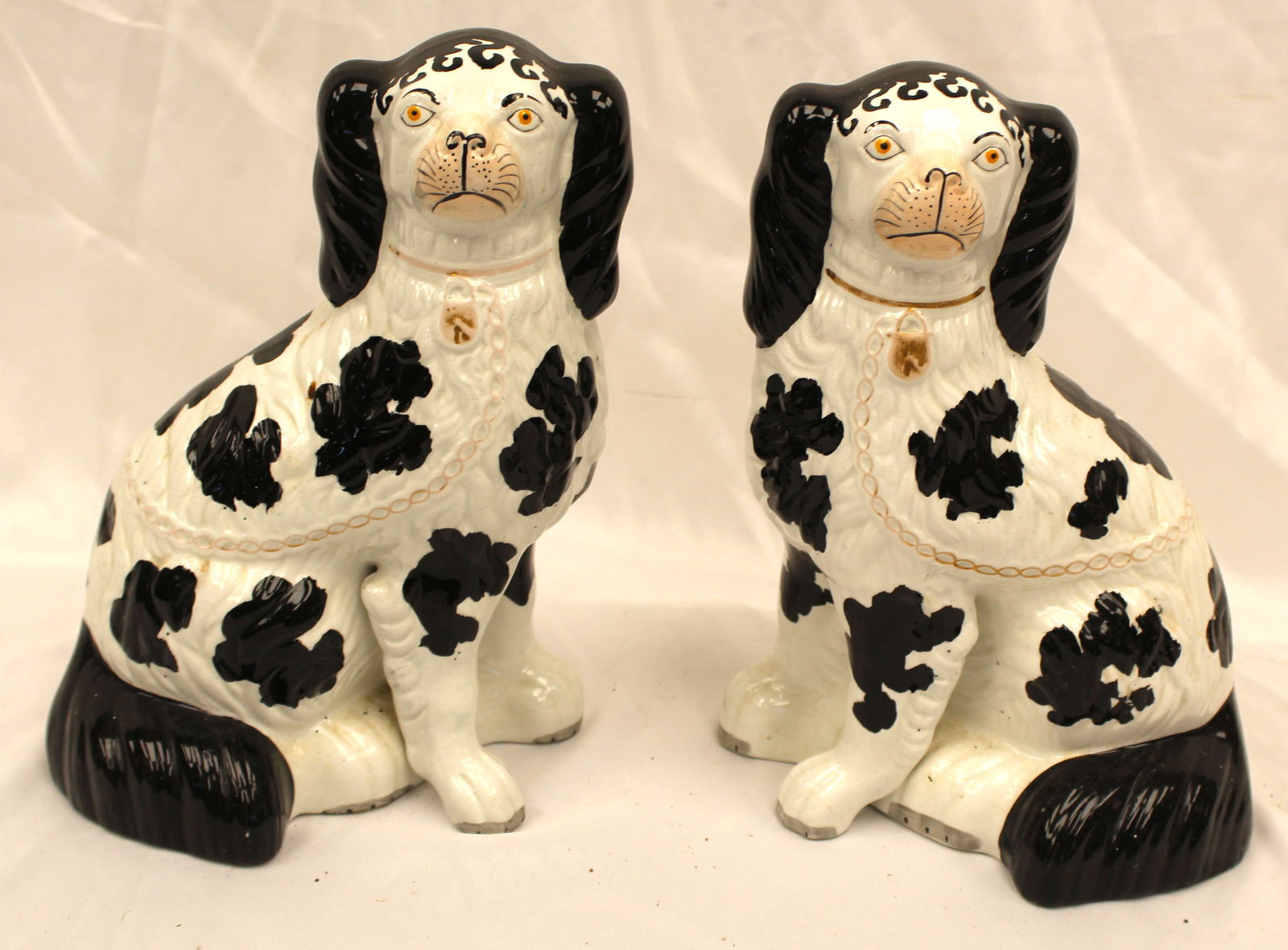 Pr of antique Staffordshire black & white Spaniels - 11" tall: Pr of antique Staffordshire black & white Spaniels - 11" tall