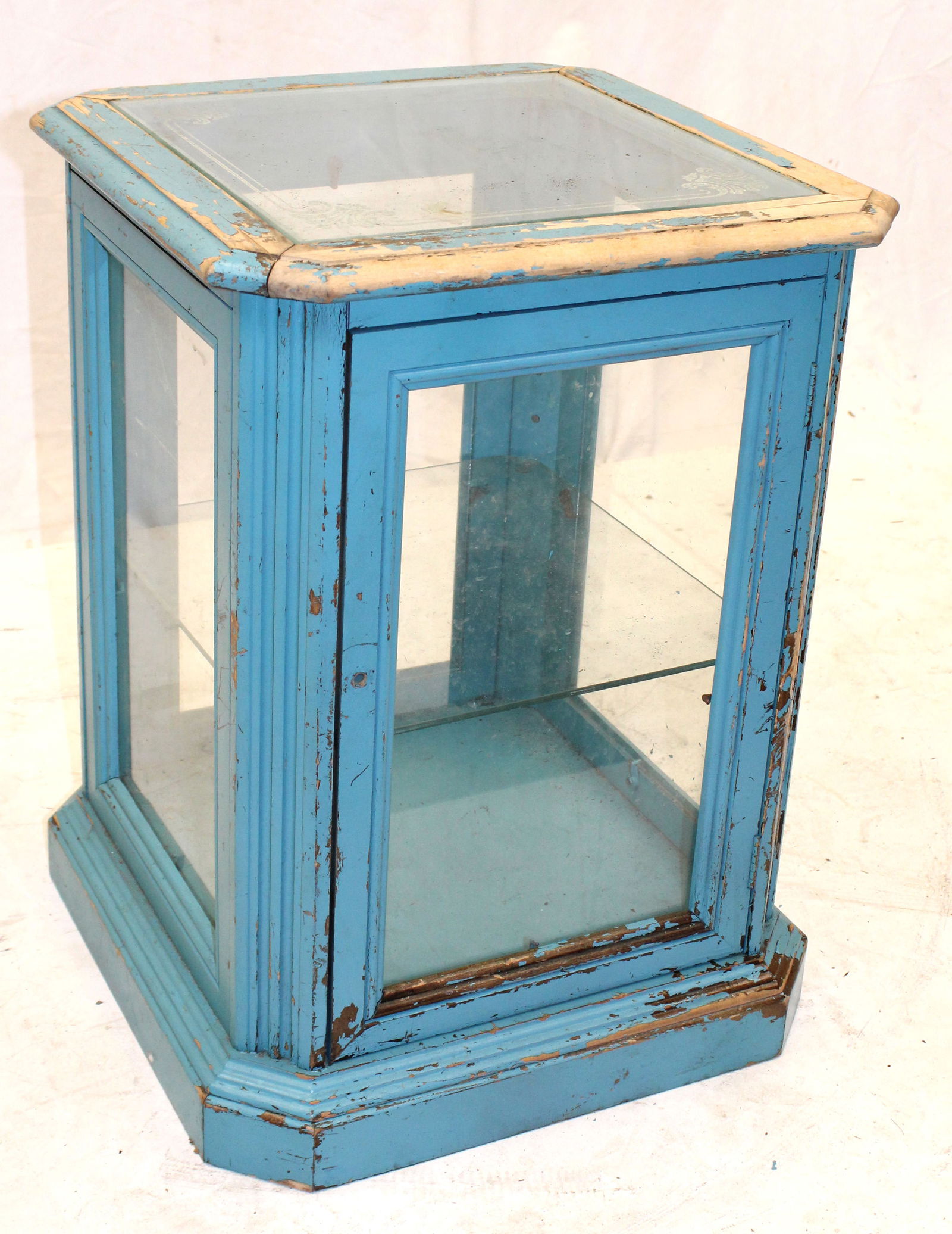 Table top wooden display case in blue paint w glass shelf - 23" tall x 18"x18": Table top wooden display case in blue paint w glass shelf - 23" tall x 18"x18"