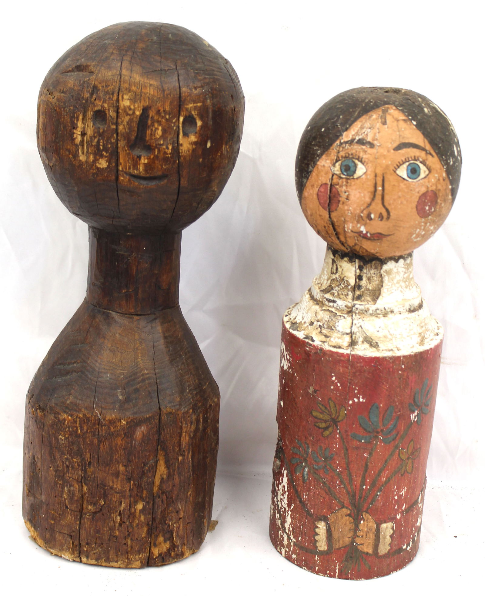 Lot of 2 Folk Art carved & painted wood figures - 14" & 16" tall: Lot of 2 Folk Art carved & painted wood figures - 14" & 16" tall