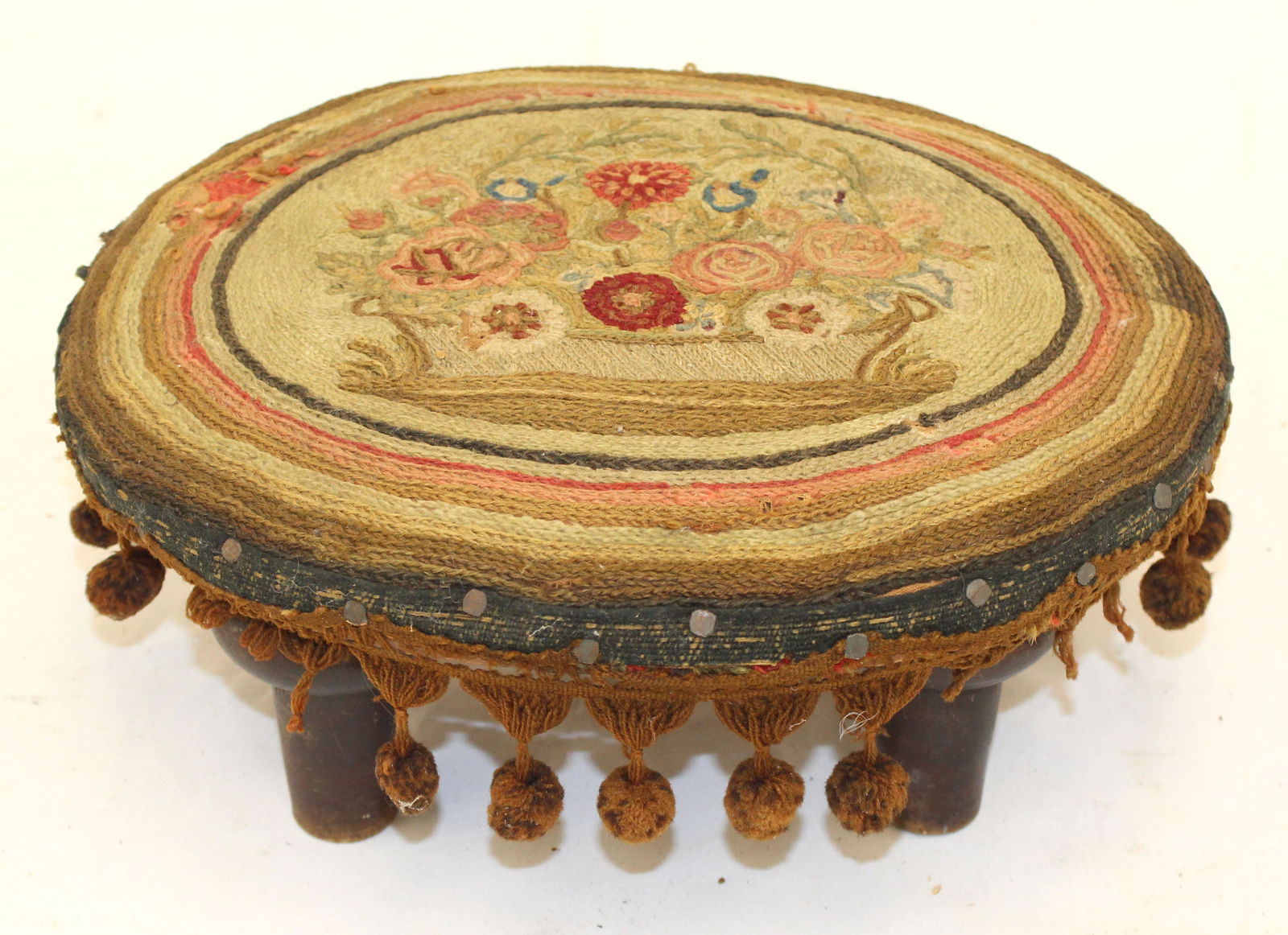 Antique footstool with floral hooked rug upholstered top - 6" tall x 13"x12" (1 of 3)
