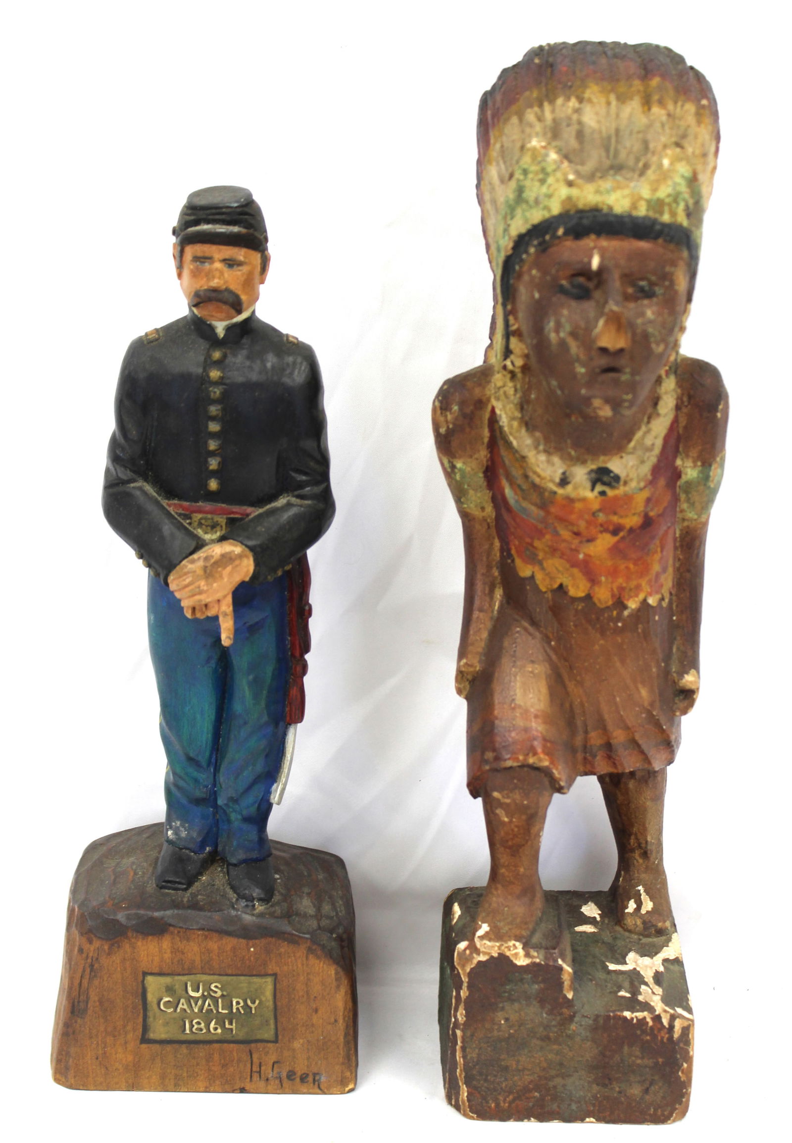 Lot of 2 Folk Art carved wood & painted figures - soldier & Native American - 12" & 14" tall (1 of 9)