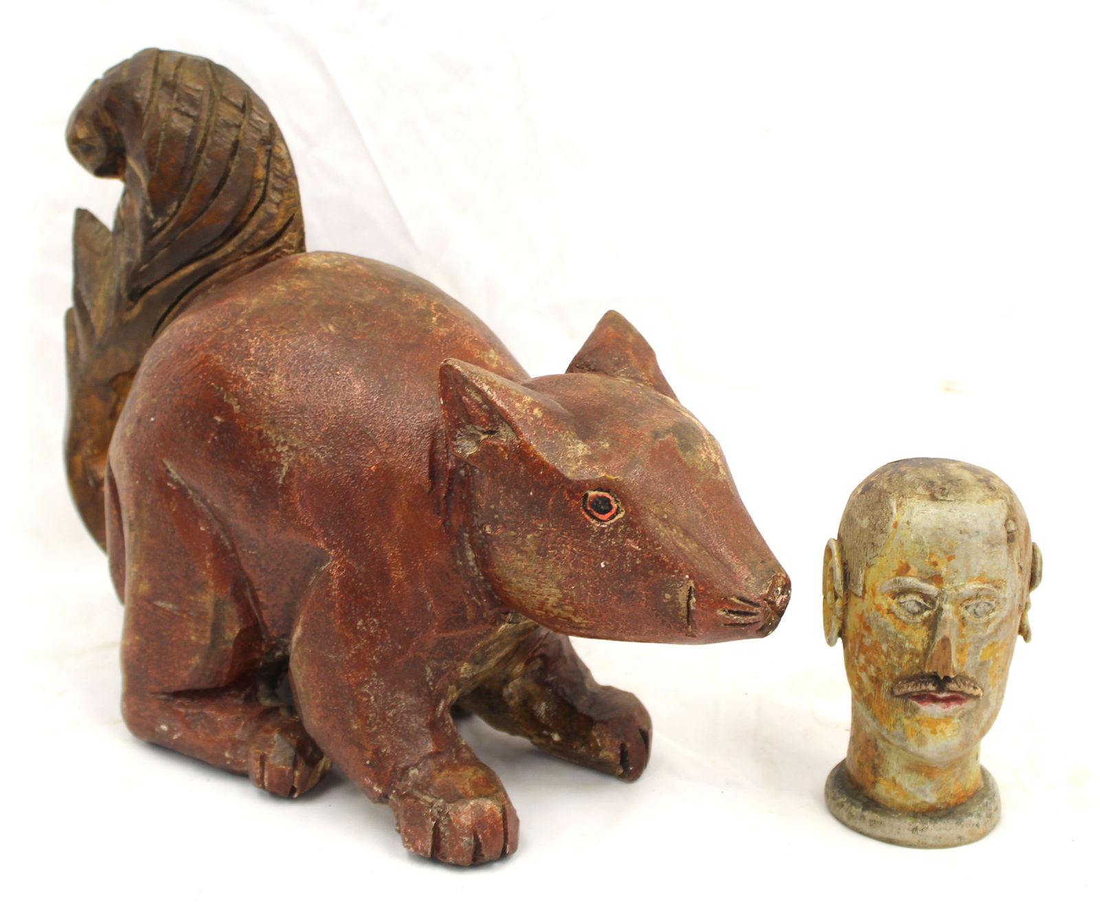 Lot of 2 Folk Art carved figures - squirrel & head - 11 1/2" tall x 15 3/4" wide & 6" tall (1 of 9)