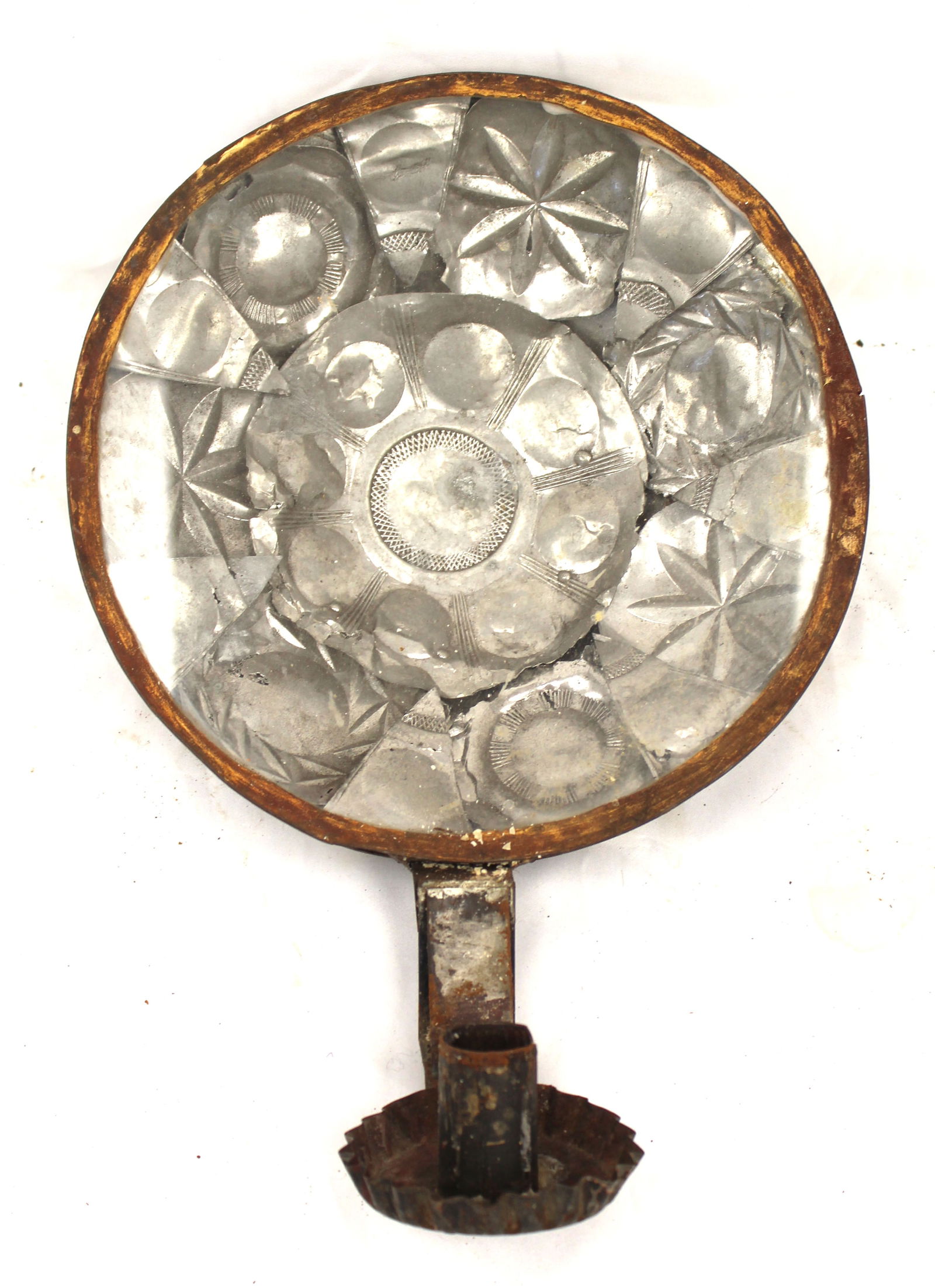 Antique round tin wall candle sconce - 13" tall x 9 1/2" diam (1 of 5)