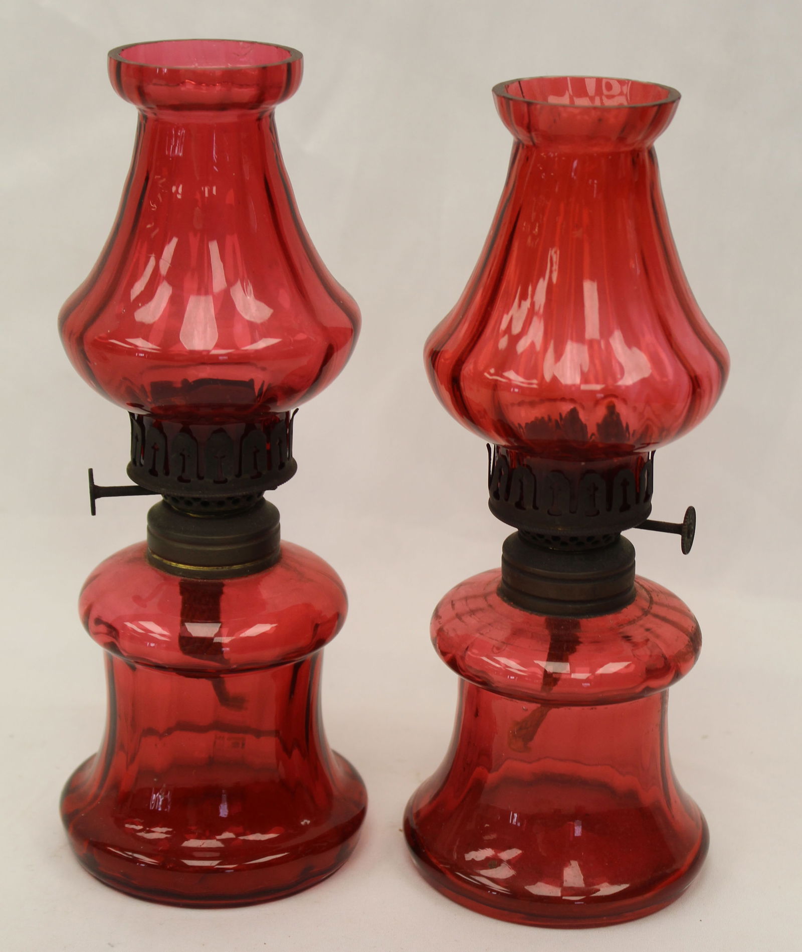 Pair of cranberry glass fairy lamps - 8 1/2" tall: Pair of cranberry glass fairy lamps - 8 1/2" tall
