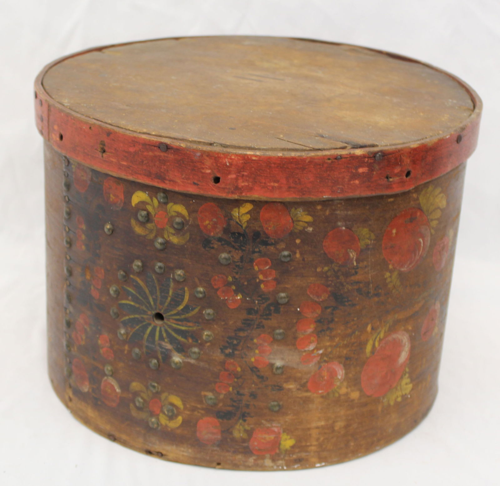 Antique large round paint decorated pantry box - 8 3/4" tall x 12" diam (1 of 6)