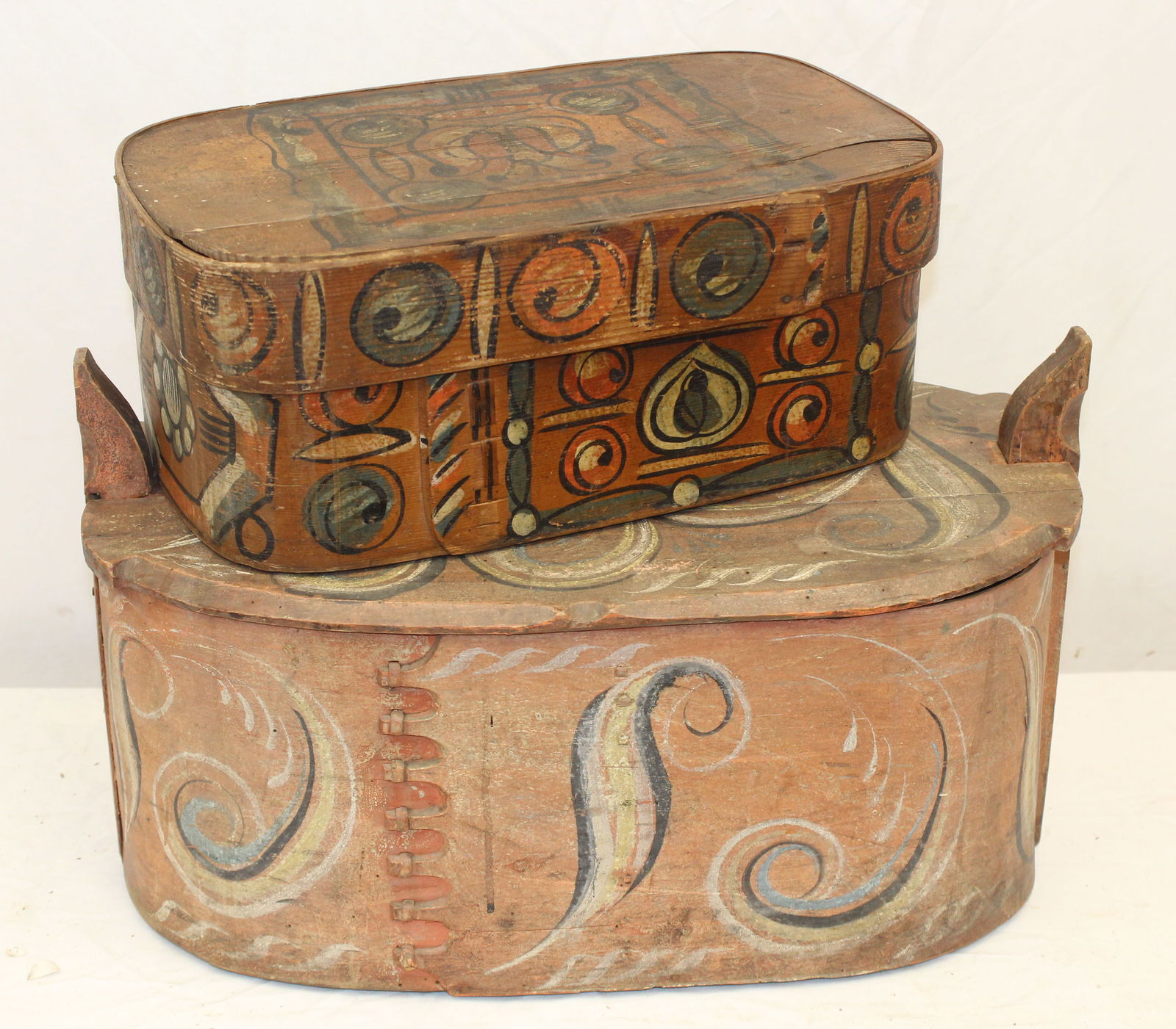 Lot of 2 antique Scandinavian paint dec bride's boxes - 6 1/2" tall x 16 1/2" wide x 9" deep & 12": Lot of 2 antique Scandinavian paint dec bride's boxes - 6 1/2" tall x 16 1/2" wide x 9" deep & 12" tall x 20" wide x 12" deep