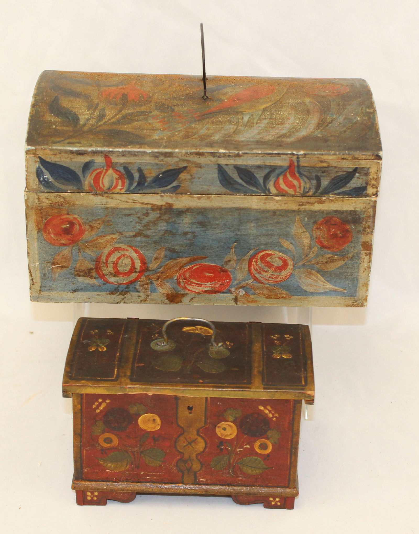 Lot of 2 paint decorated valuables boxes - 4" tall x 6"x4 1/2" & 6 1/4" tall x 10 1/2"x6 1/4" (1 of 8)