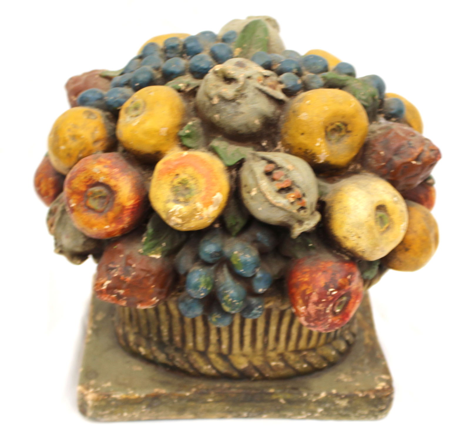 Antique carved & painted wood basket of fruit - 9 1/2" x 12" diam: Antique carved & painted wood basket of fruit - 9 1/2" x 12" diam