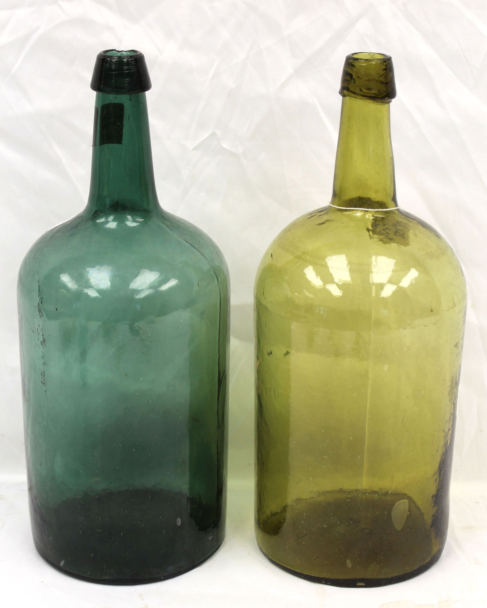 Lot of 2 large early glass bottles in various shades of green - 15" & 15 1/2" tall (1 of 9)