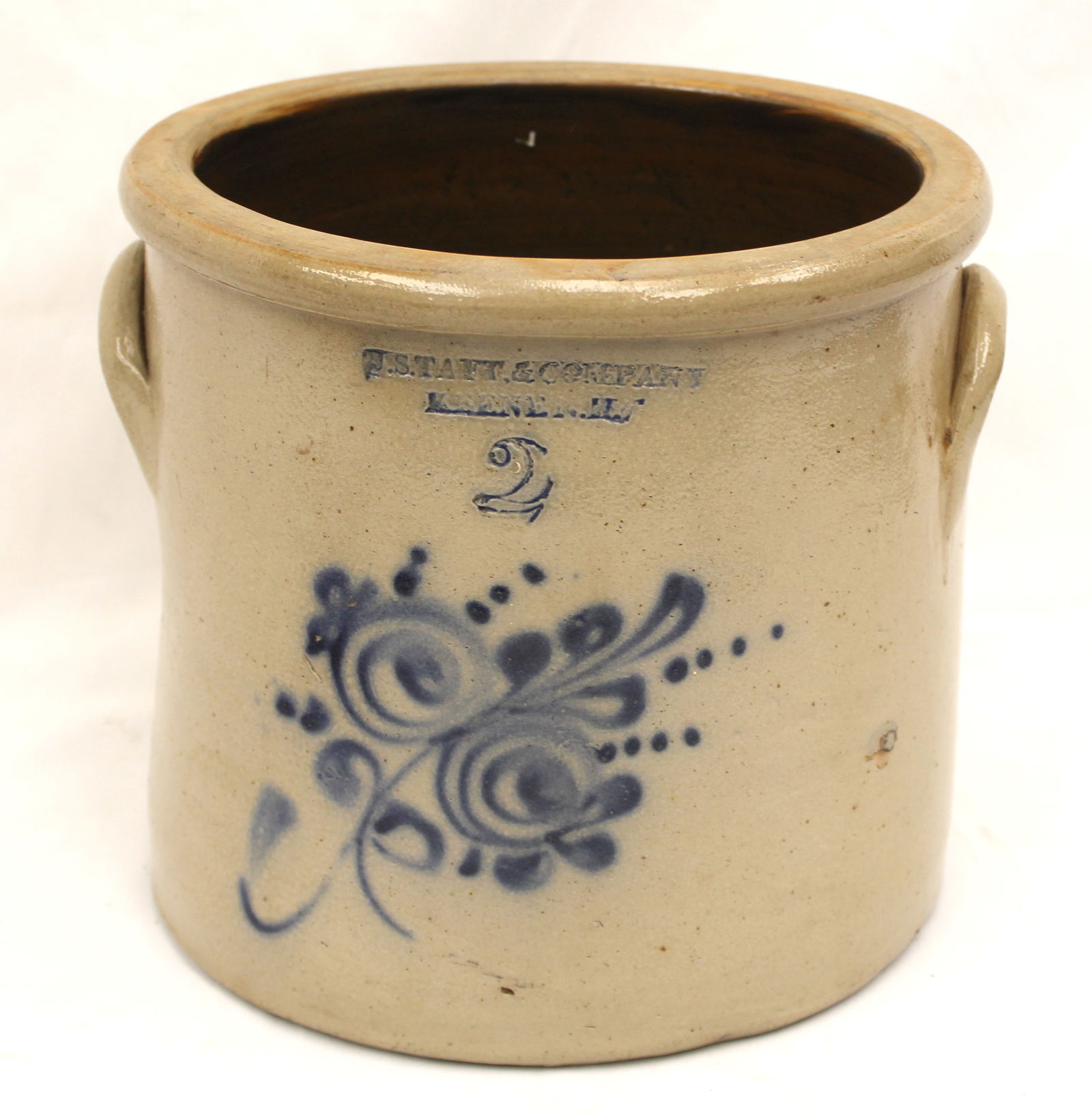 Antique stoneware 2 gal crock w cobalt dec flower by J.S. Taft & Company Keene, NH - 8 3/4" tall x 8 (1 of 7)