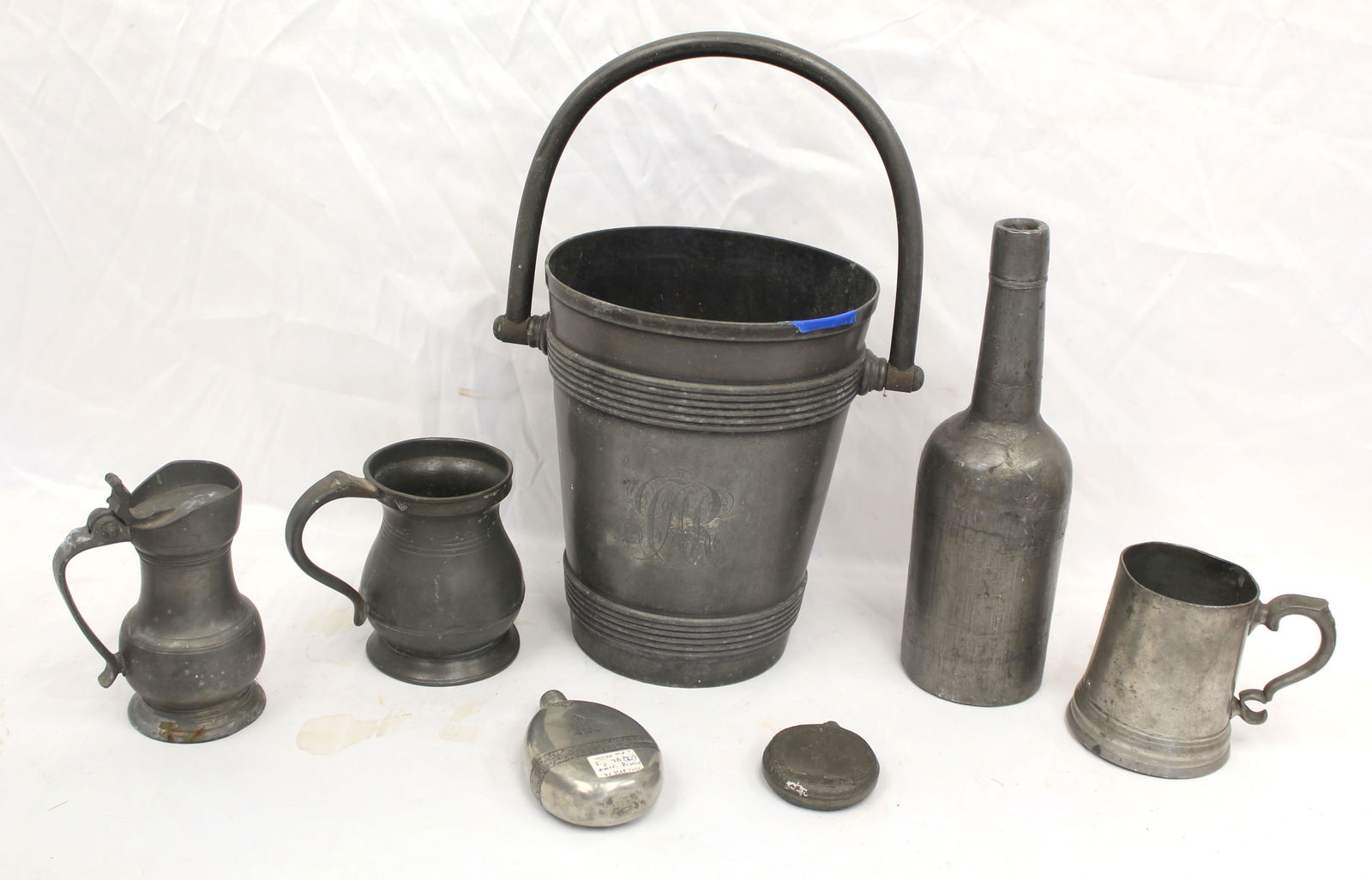 Antique pewter lot incl wine bottle, ice bucket, tankards & flasks - 2 1/2" - 11 1/2" tall (1 of 9)