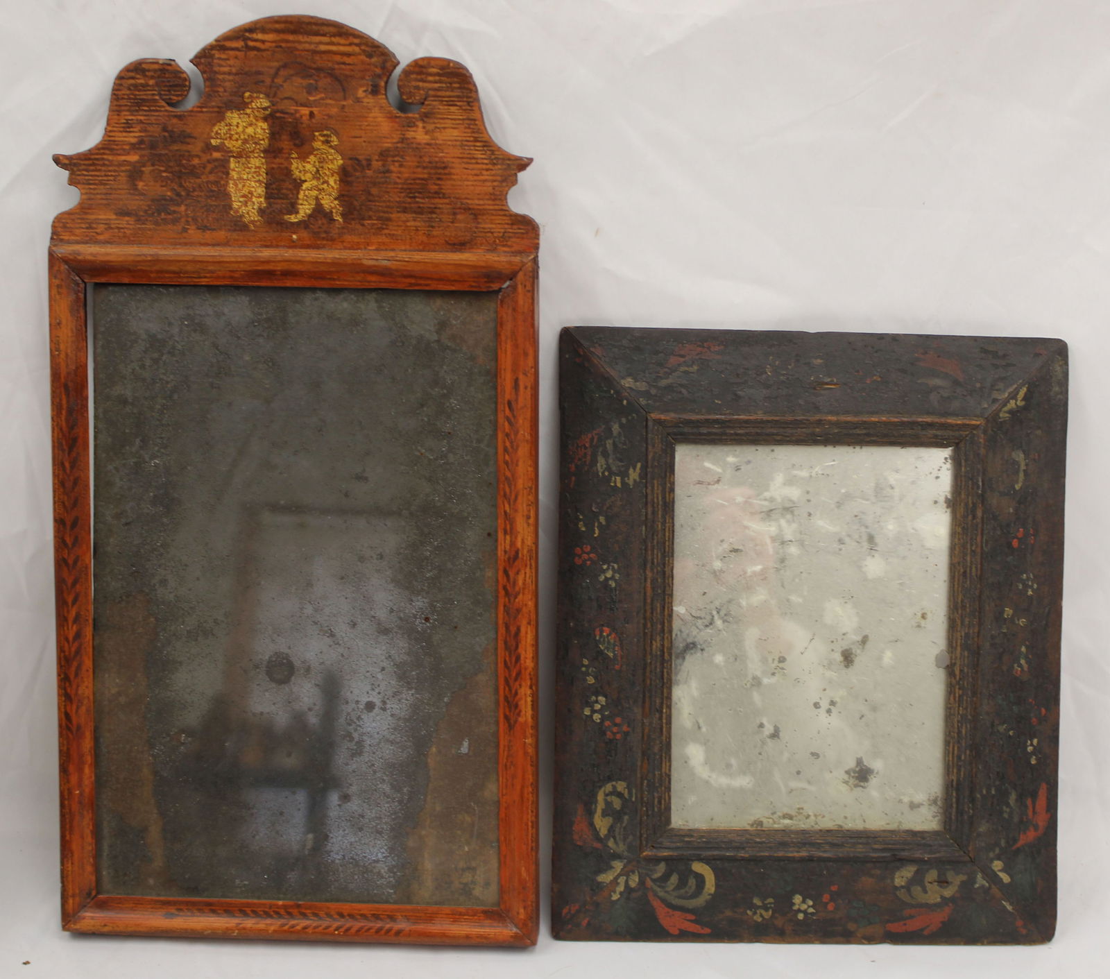 Lot of 2 antique wooden framed mirrors w paint decoration - 17 1/2"x9 1/4" & 12"x10" (1 of 8)