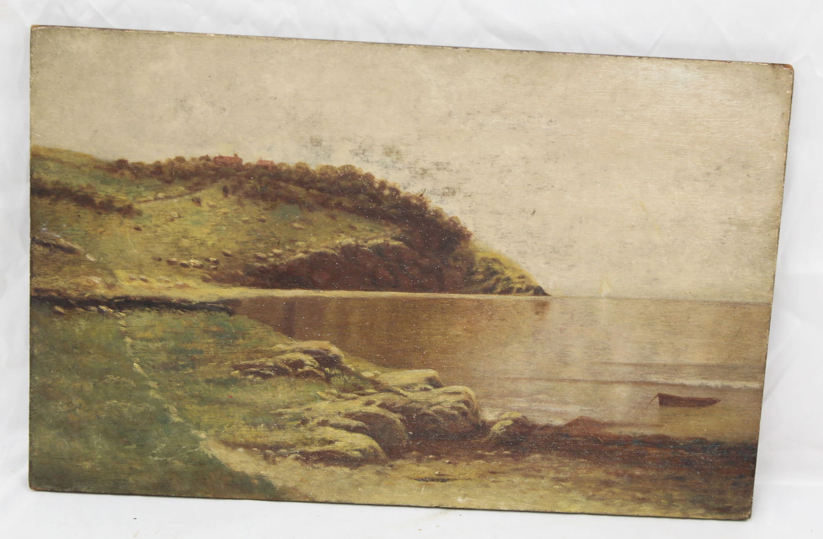 Antique oil on panel coastal scene w boats - unframed 12"x18": Antique oil on panel coastal scene w boats - unframed 12"x18"