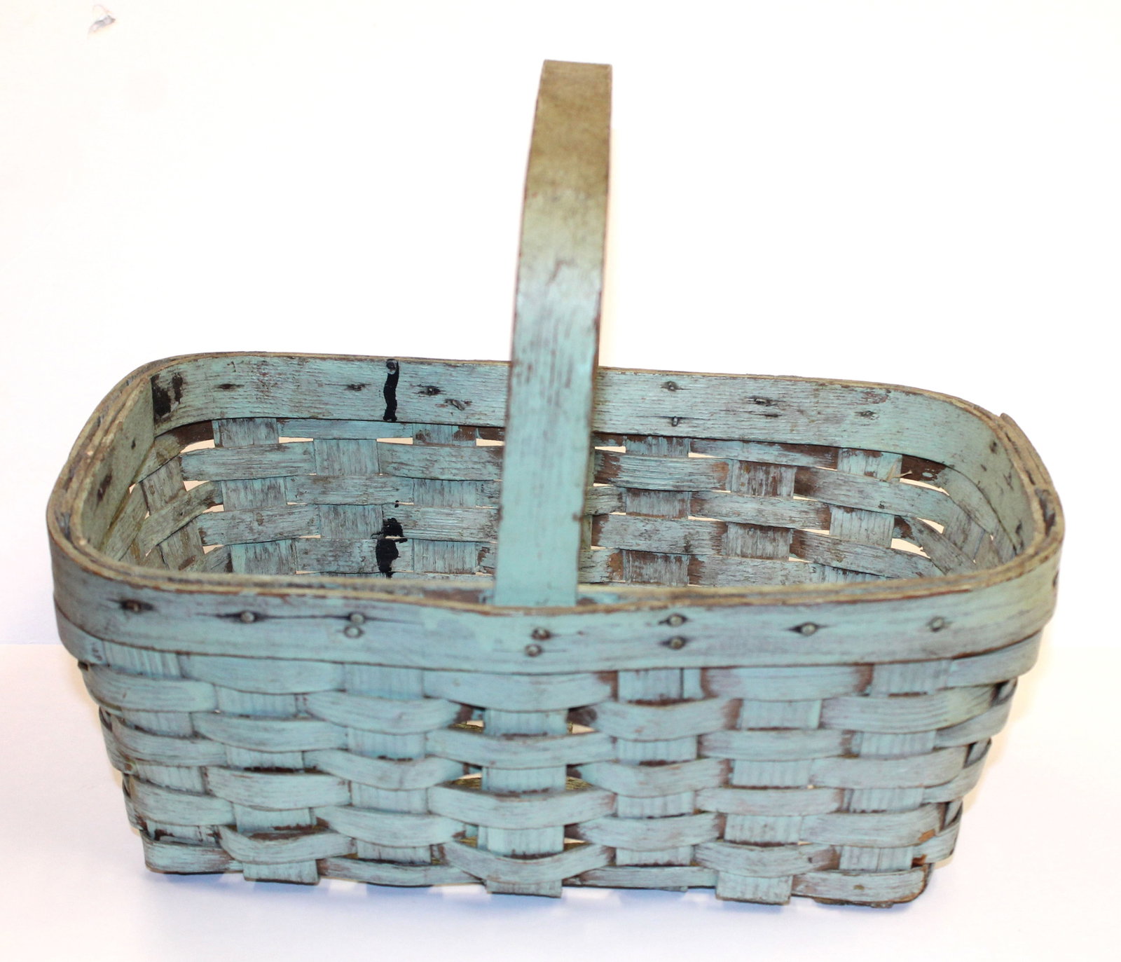 Antique fixed handled rectangular basket in blue paint - 9 1/2" tall x 13"x8": Antique fixed handled rectangular basket in blue paint - 9 1/2" tall x 13"x8"