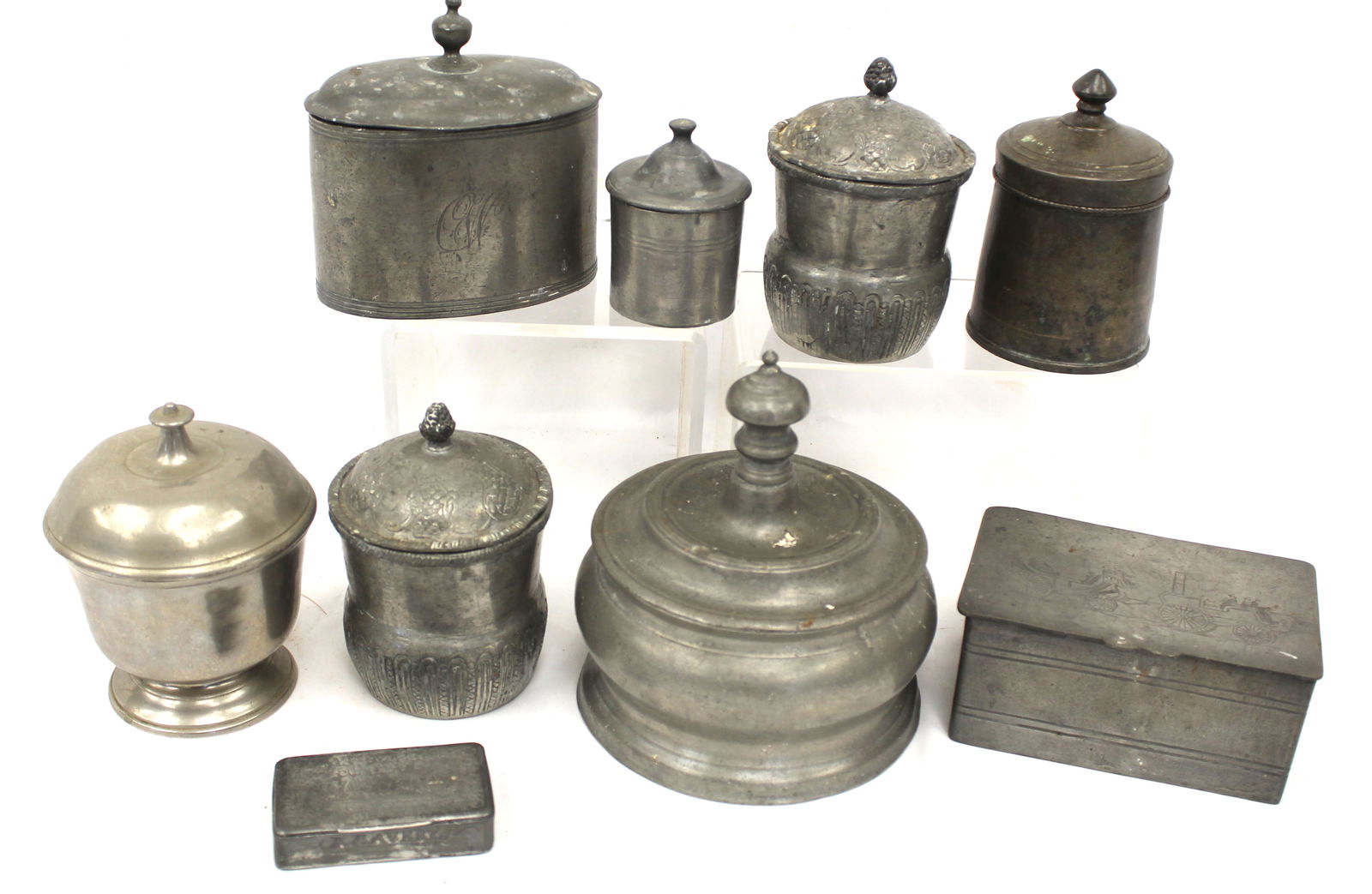 Lot of 9 antique pewter boxes in various shapes & sizes -1"x3"x2" - 6 1/2" tall x 6 1/2" diam: Lot of 9 antique pewter boxes in various shapes & sizes -1"x3"x2" - 6 1/2" tall x 6 1/2" diam
