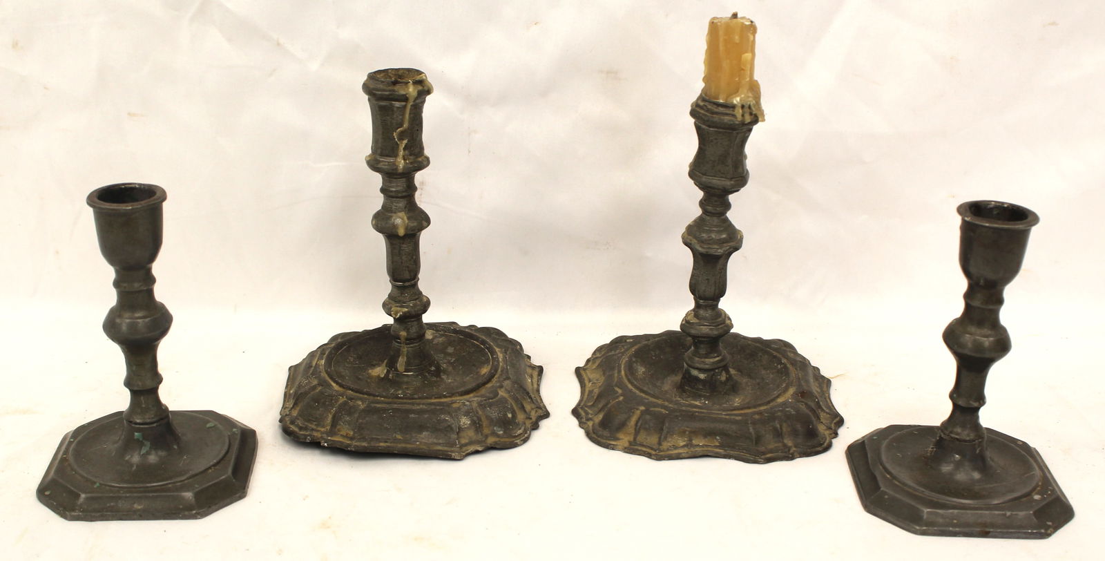 Lot of 2 pairs of antique pewter candlesticks - 5" & 6" tall (1 of 6)