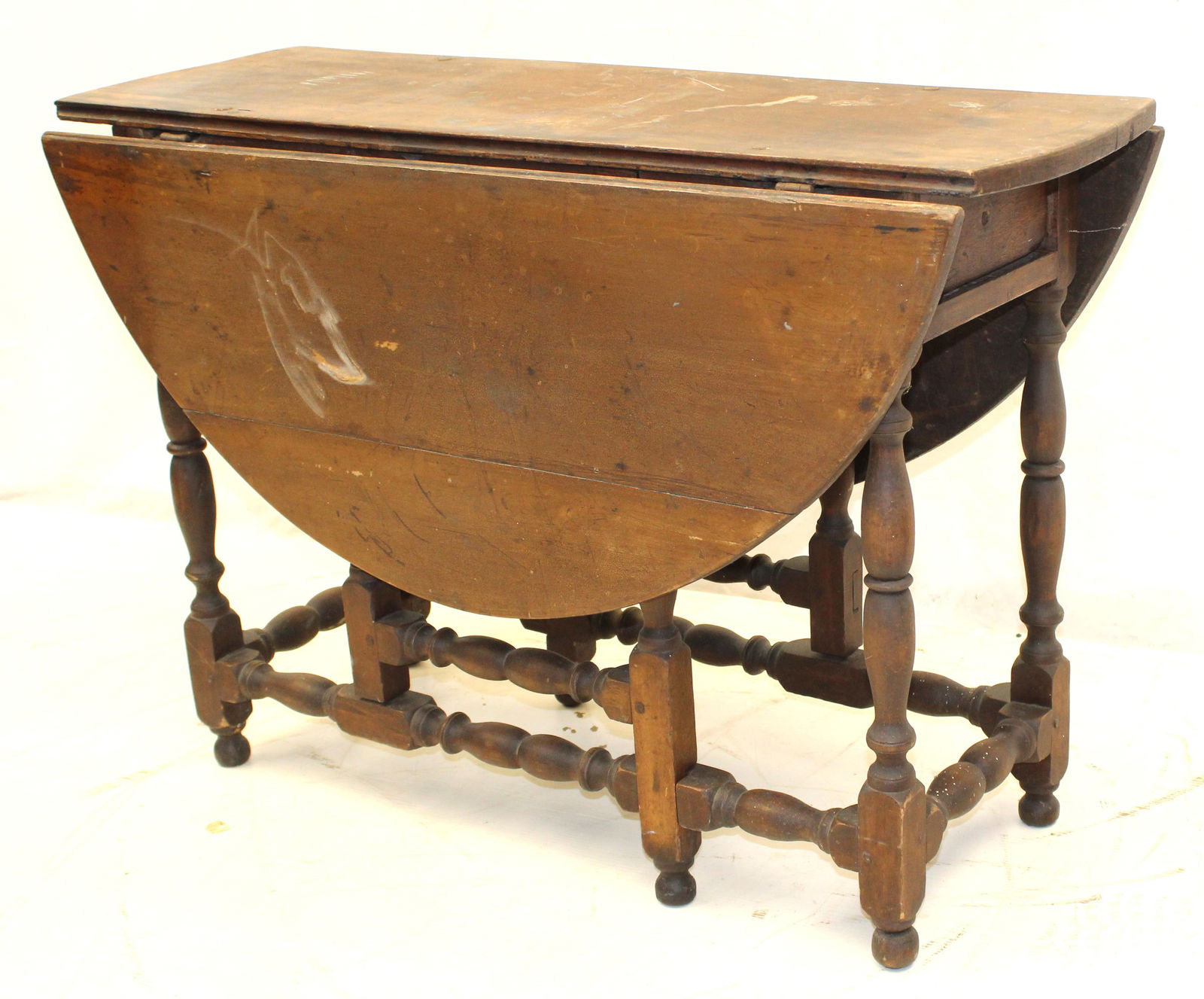 18thC American gateleg table in old surface - 26 1/2" tall x 39 1/2" wide x 16" w 16" leaves (1 of 5)