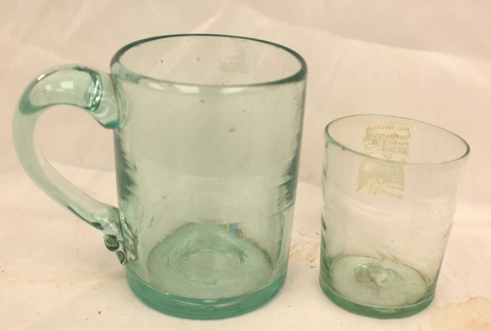 Lot of 2 early aqua glass items incl a mug & a cup - 4 1/2" & 3 1/4" tall (1 of 9)