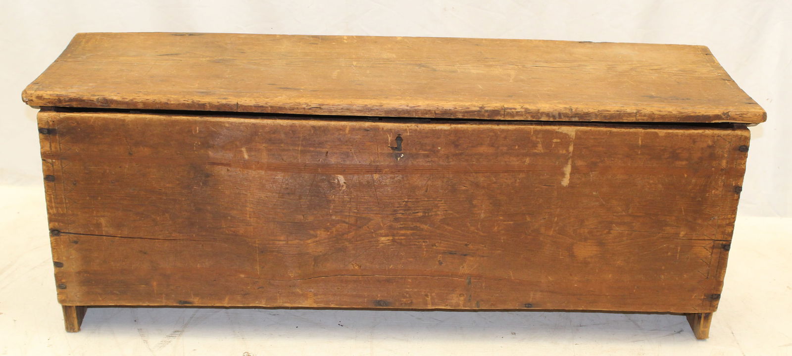 18thC blanket chest in old surface w scratch dec - 19 1/2" tall x 50" x 14 1/4" deep (1 of 7)