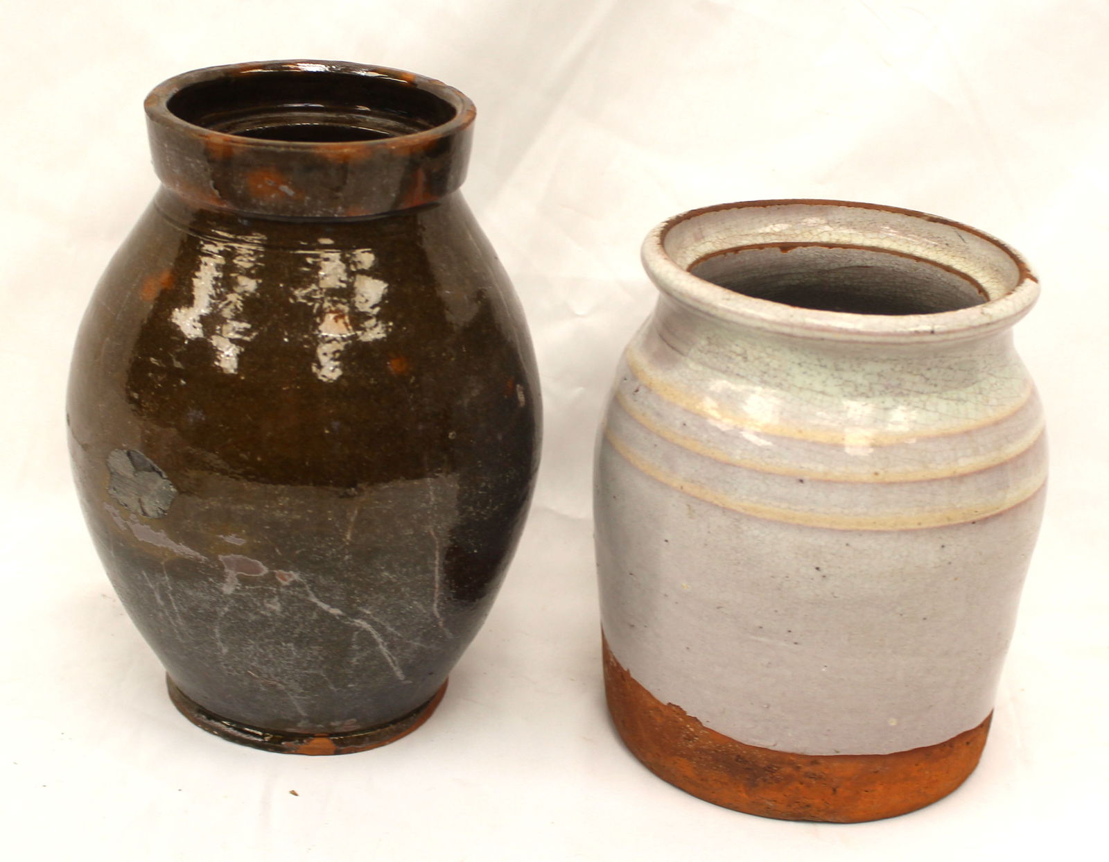 Lot of 2 antique redware jars - 9 1/4" & 7" tall (1 of 10)