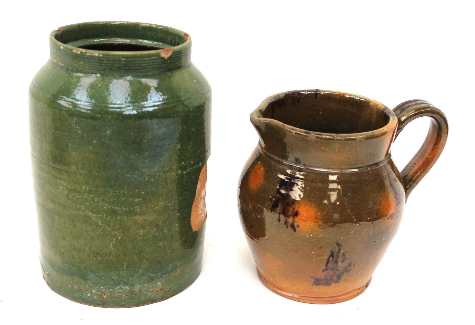 Lot of 2 antique redware vessels incl jar in green glaze 8 1/2" tall x 4 1/2" diam & pitcher 6 1/2" (1 of 10)