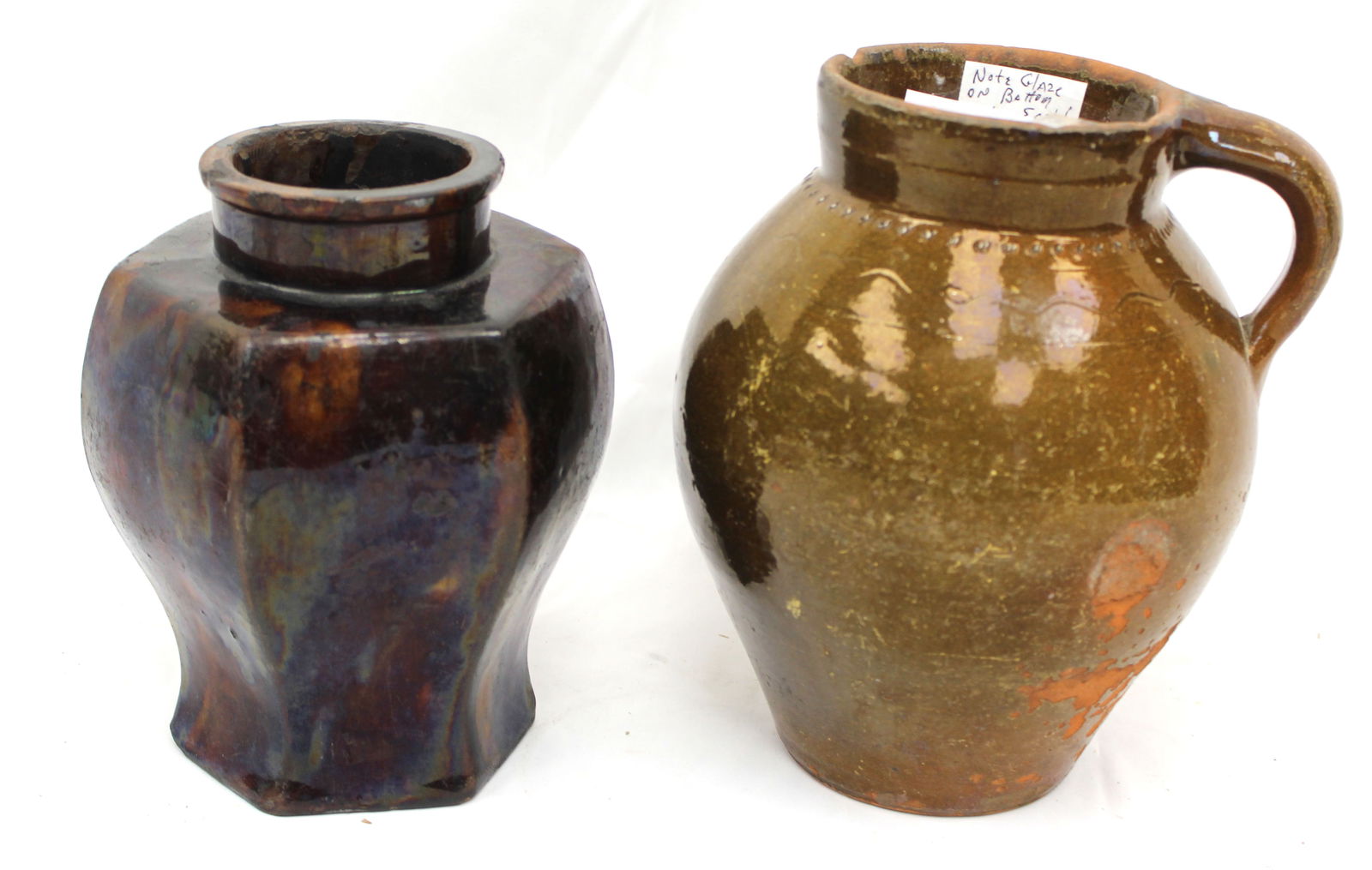 Lot of 2 antique redware vessels incl 8" jar & 9 1/2" jug (1 of 11)