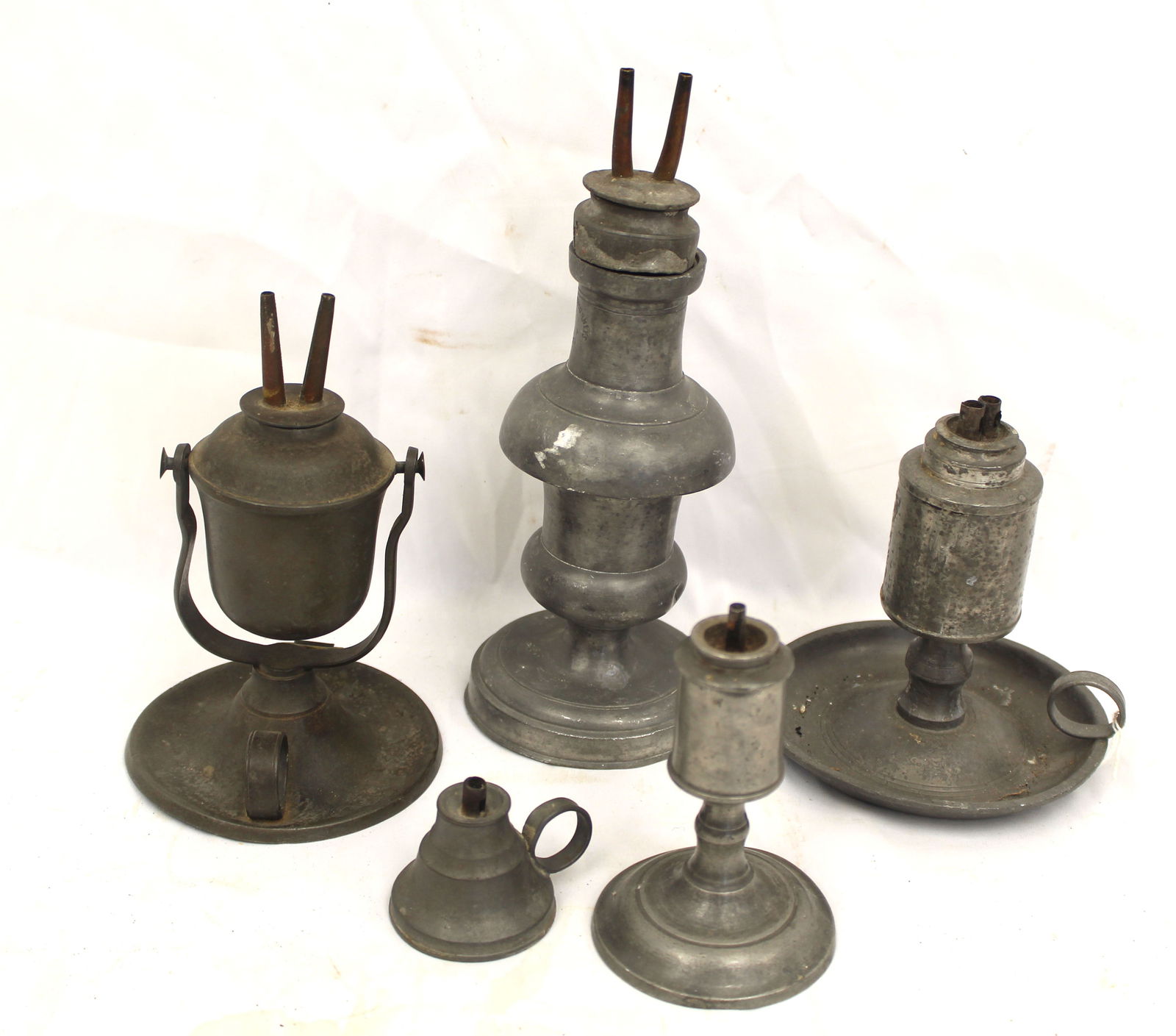 Lot of antique pewter whale oil lamps - 2"-9" tall (1 of 10)