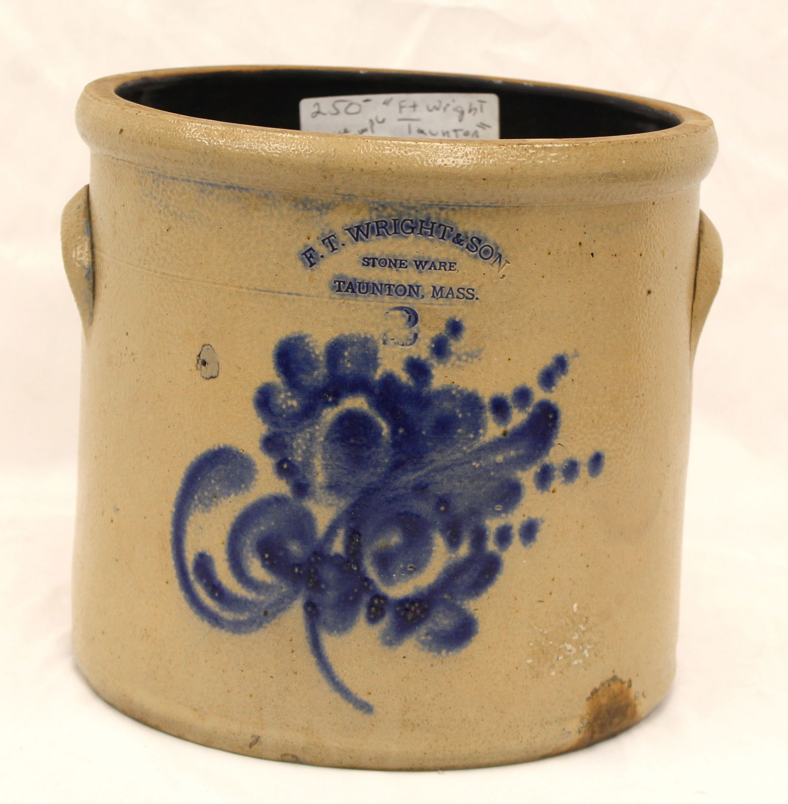 Antique 2 gal stoneware crock w cobalt floral dec by F.T. Wright & Son Taunton, Mass - 9" tall x 9 (1 of 6)