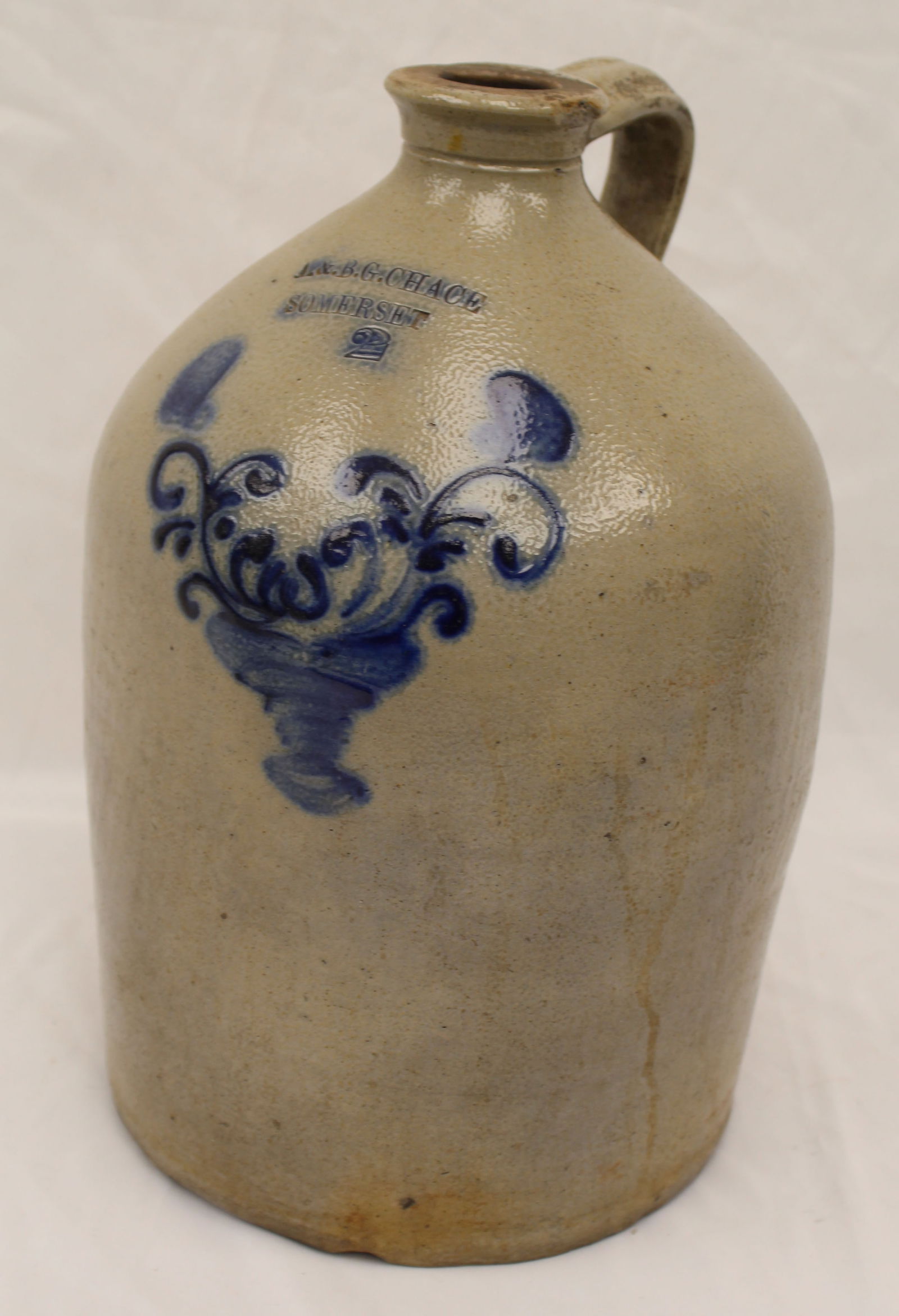 Antique 2 gal stoneware jug w cobalt floral dec by L & BJ Chace Somerset - 15" tall (1 of 6)