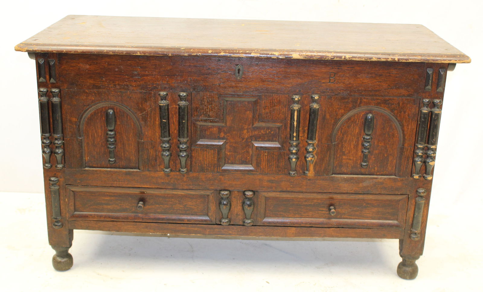late 17th/ early 18thC ball foot chest - 27" tall x 48" wide x 20 1/2" deep: late 17th/ early 18thC ball foot chest - 27" tall x 48" wide x 20 1/2" deep