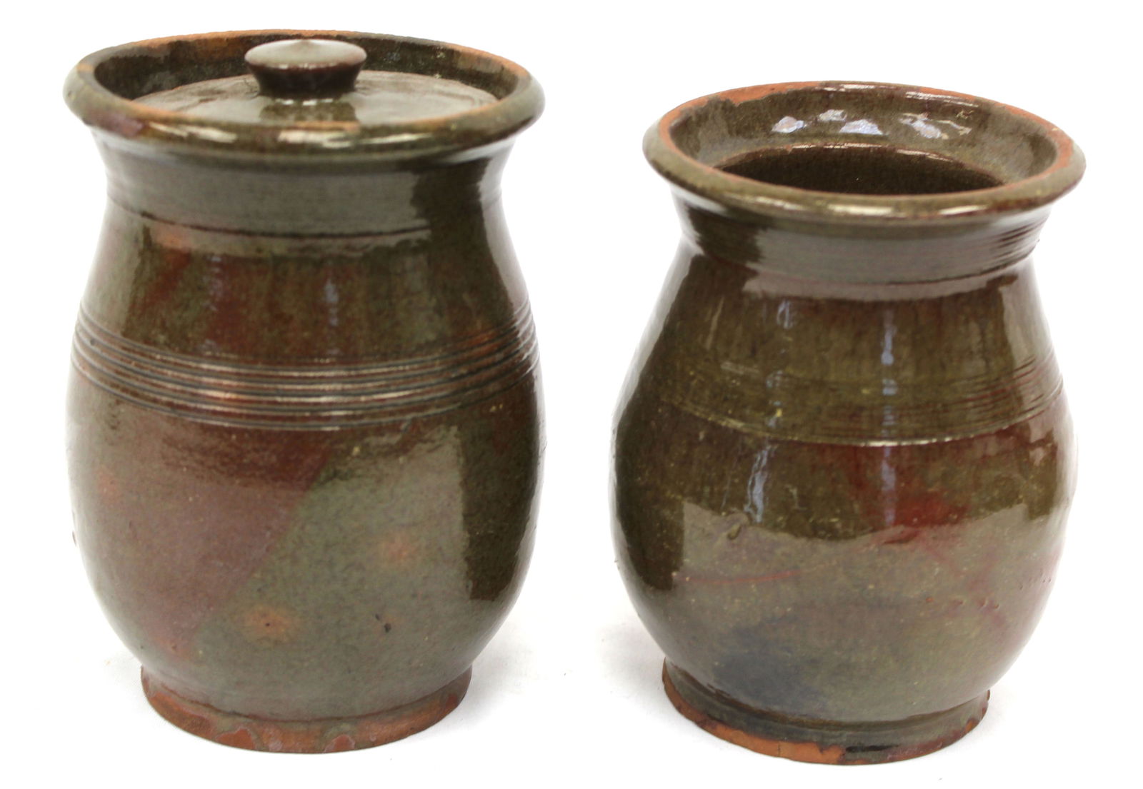 Lot of 2 antique redware jars - 1 w lid 0 6" & 5 3/4" tall (1 of 11)