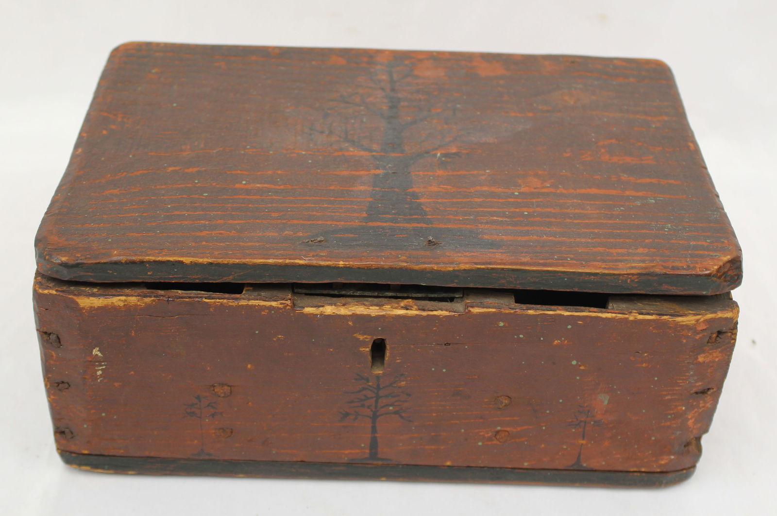 18thC paint dec lift top valuables box w chamfered corners - 4" tall x10"x6 1/2" (1 of 6)