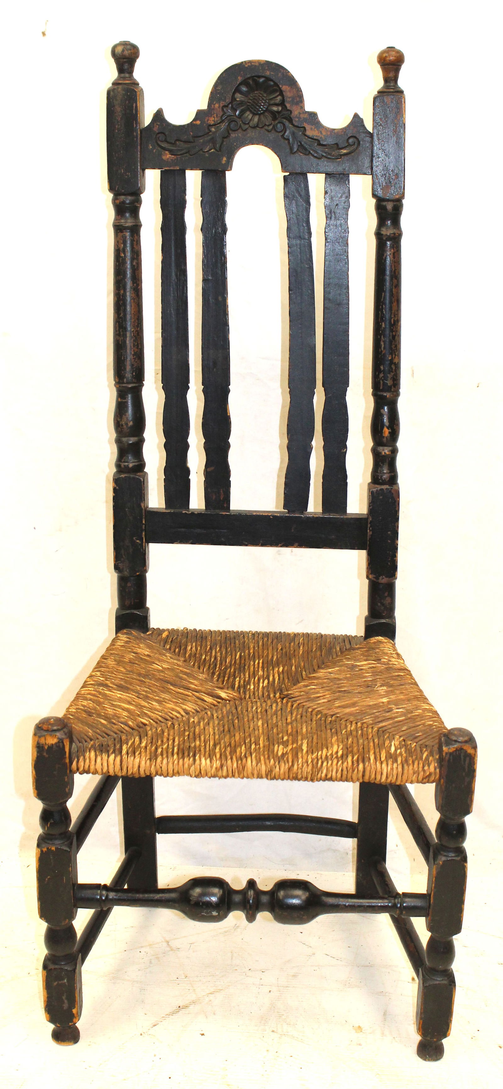 18thC bannister back sidechair w carved crest - 45" tall w 14" seat height: 18thC bannister back sidechair w carved crest - 45" tall w 14" seat height