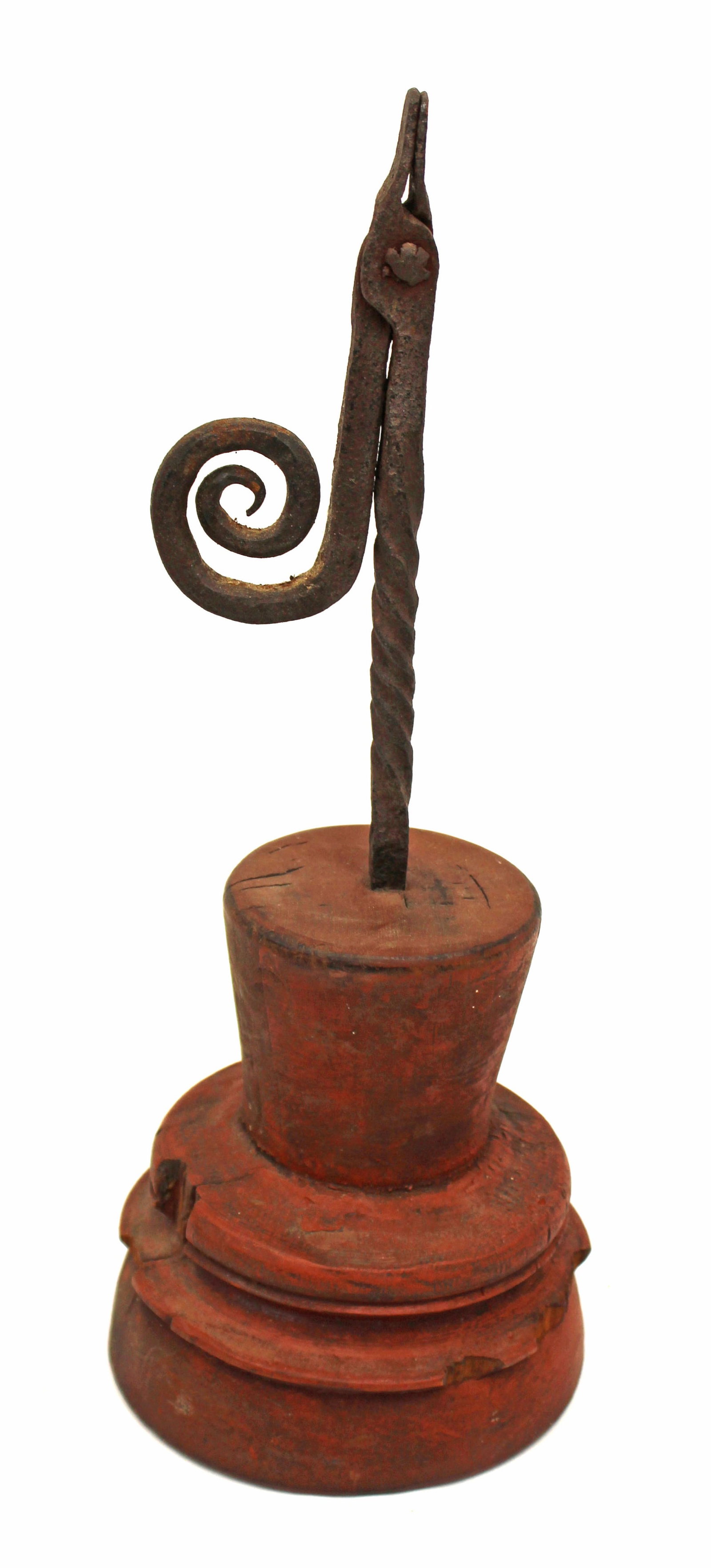 Antique wooden based & iron lighting device - 12" tall: Antique wooden based & iron lighting device - 12" tall