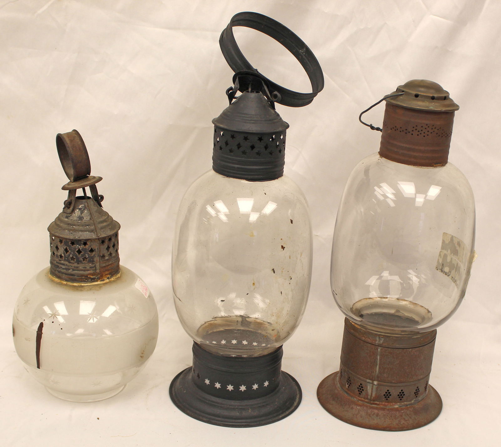 Lot of 3 antique tin & glass lanterns - 11"-16" tall: Lot of 3 antique tin & glass lanterns - 11"-16" tall