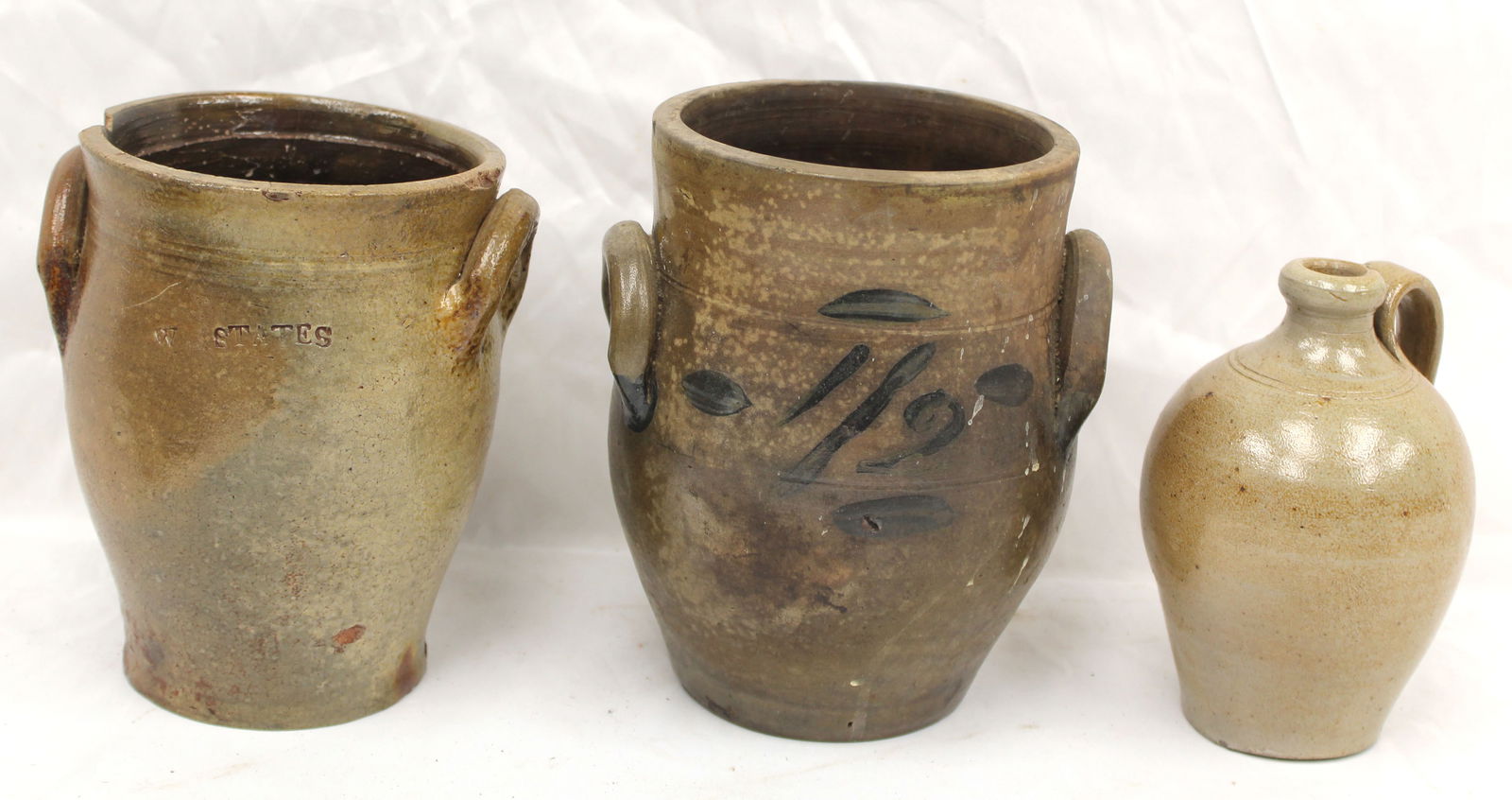 Lot of 3 antique stoneware vessels incl 2 jars & a jug - 7" - 8 1/2" tall - as found (1 of 17)