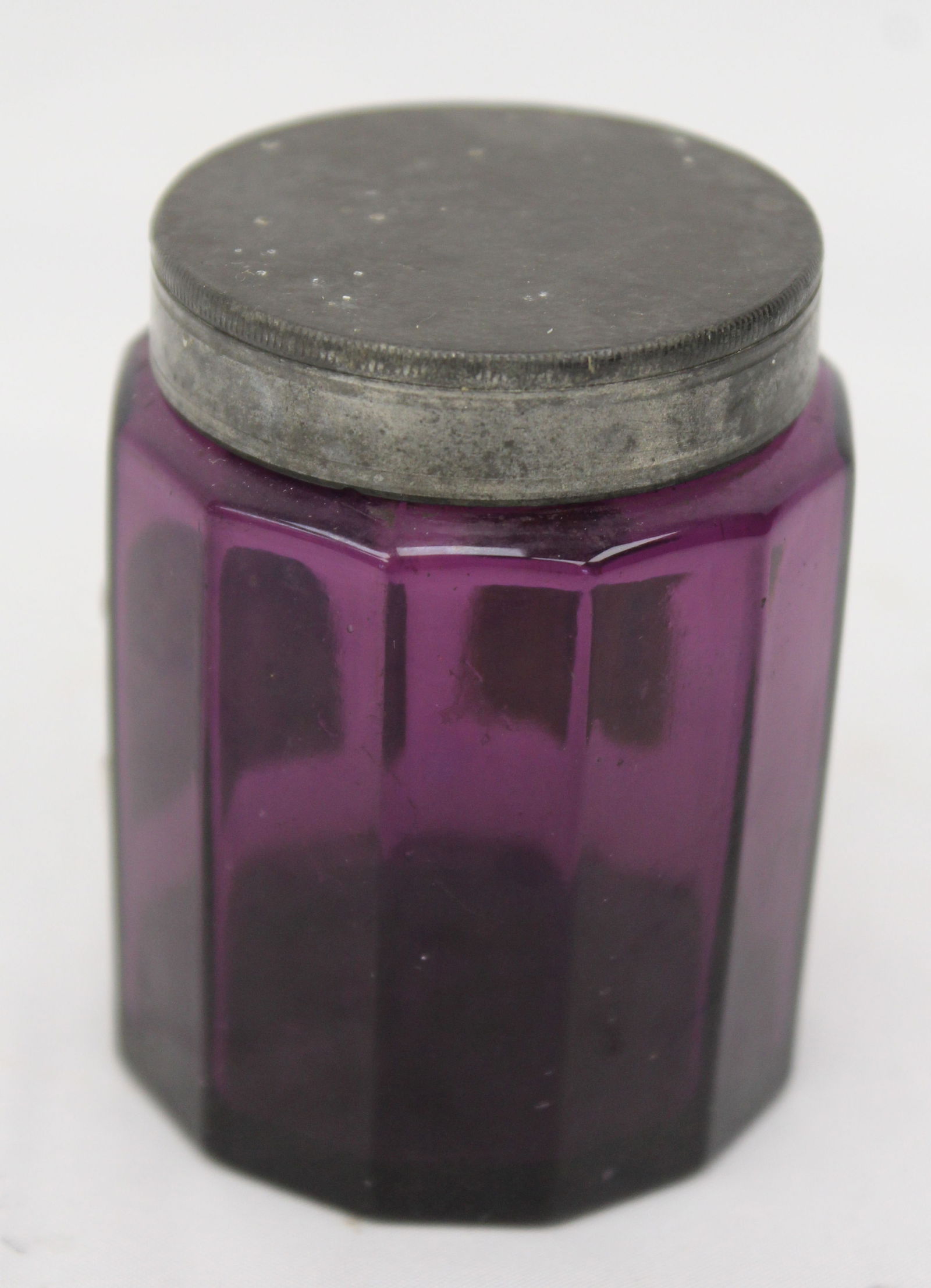 Early amethyst glass jar w pewter lid - 3 1/2" tall x 2 1/4" diam: Early amethyst glass jar w pewter lid - 3 1/2" tall x 2 1/4" diam