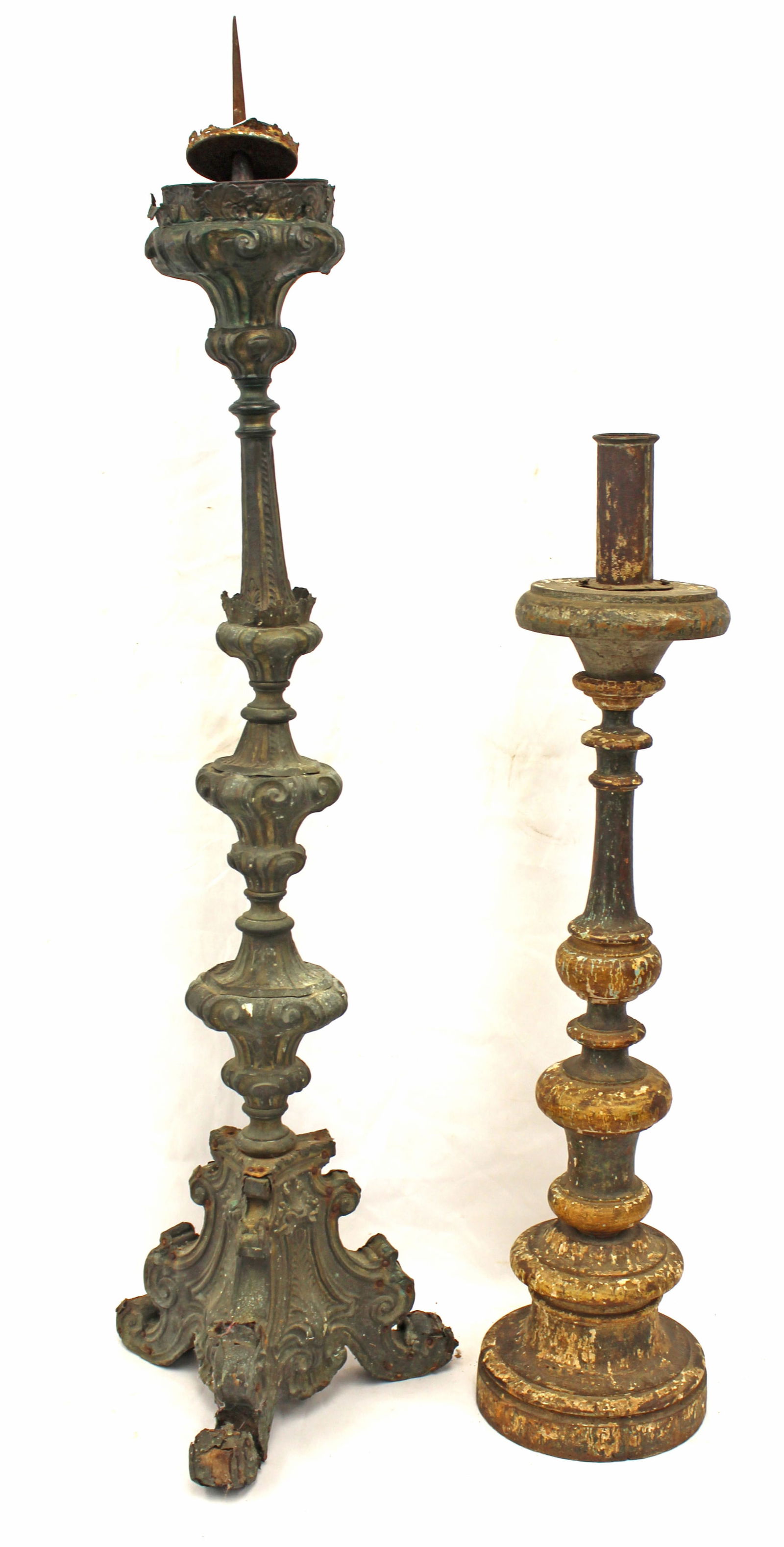Lot of 2 antique carved wooden candlesticks - 31" & 41 1/2" tall (1 of 8)