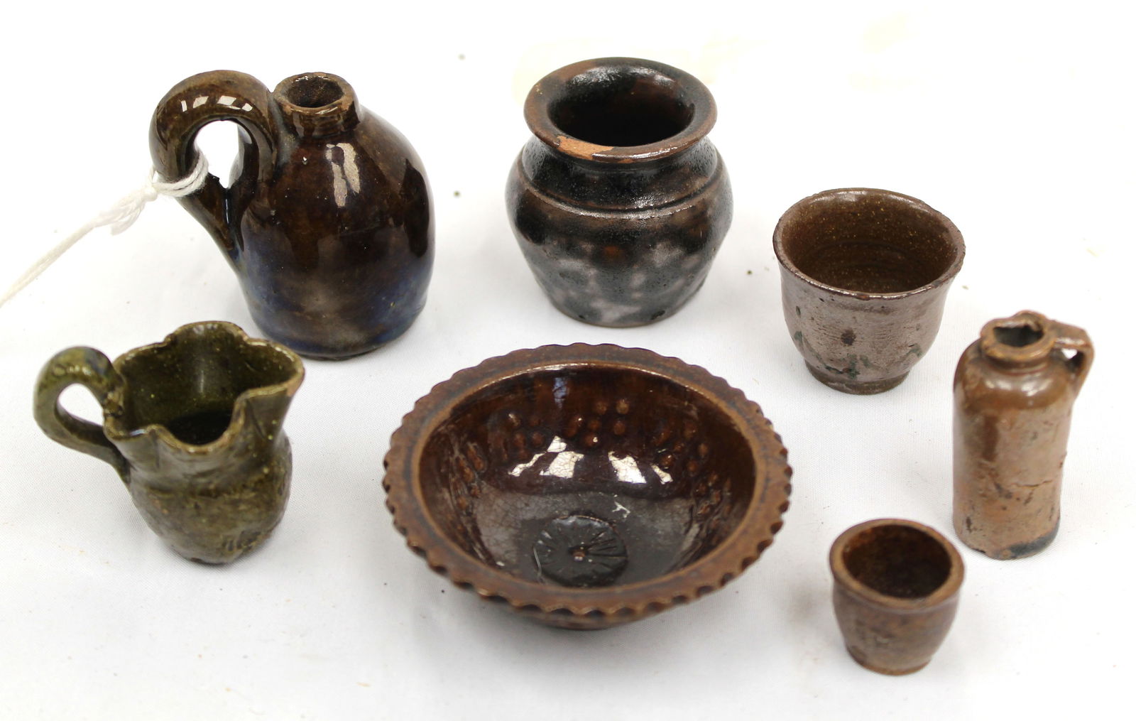 Lot of 7 antique redware miniature pitchers, bowl & jars - 3/4"-2 1/2" tall (1 of 9)
