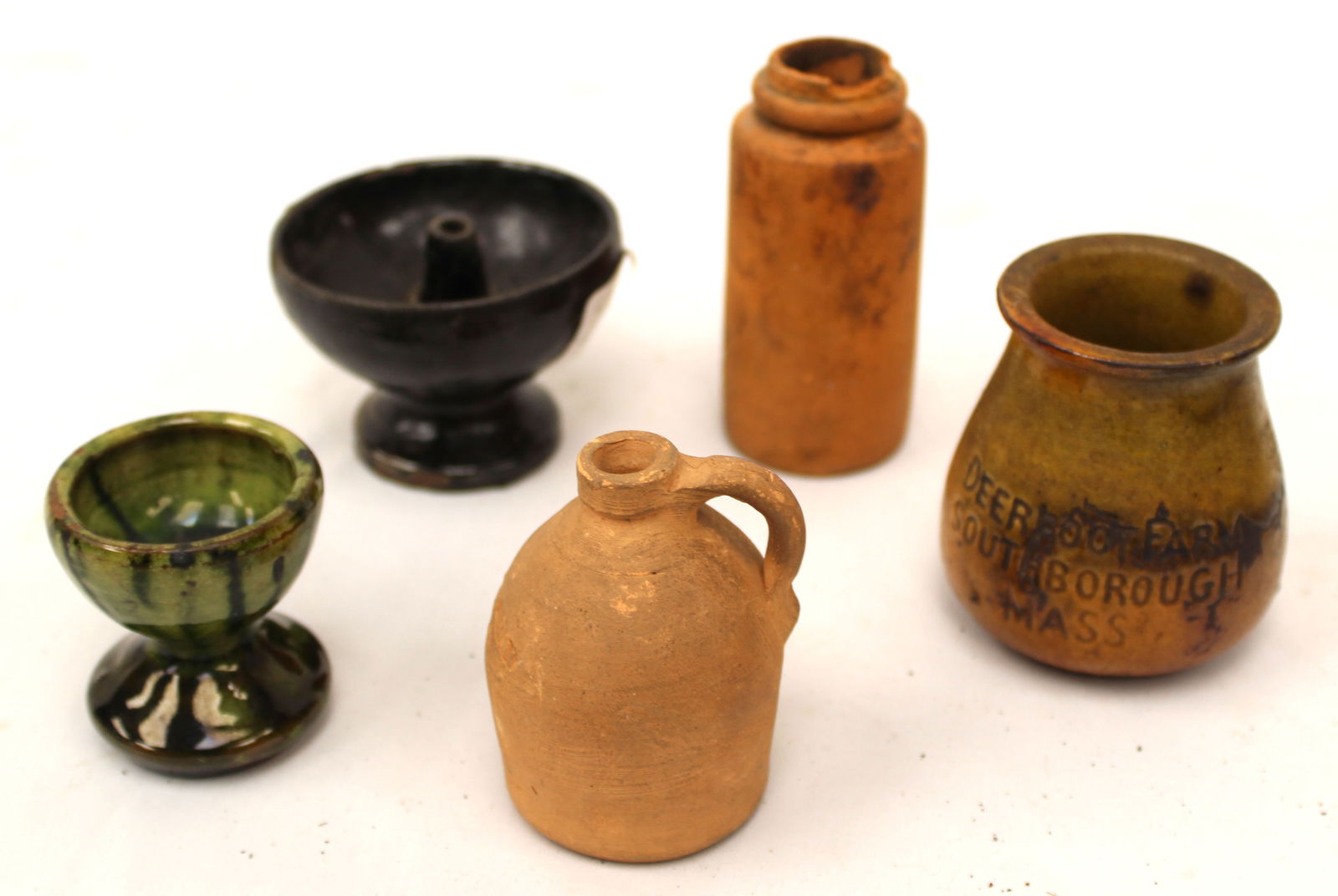 Lot of 5 antique redware miniature items incl jar, pitcher, salts - 2"- 3 1/2" tall: Lot of 5 antique redware miniature items incl jar, pitcher, salts - 2"- 3 1/2" tall